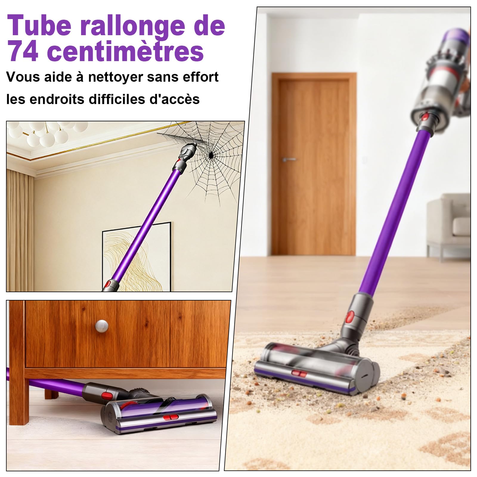 Tube Extension pour Dyson V12 Detect Slim / V10 Digital Slim Aspirateur，Accessoire de Tube Rallonge avec Dégagement Rapide 74cm，Rechange pour Tuyau D'aspiration (Violet）