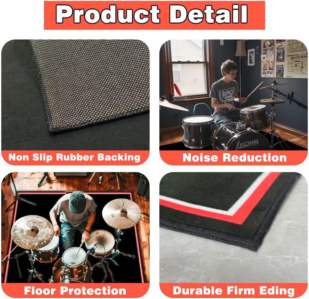 Drum Rug Mat with Non-Slip Grip Bottom, 4x6ft Drum Carpet Noise Reduction, Floor Protection for Electric Drum and Jazz Drum Set Splash Stands, Gift for Drummers, Music Drum Accessorie, 48x72in, Black