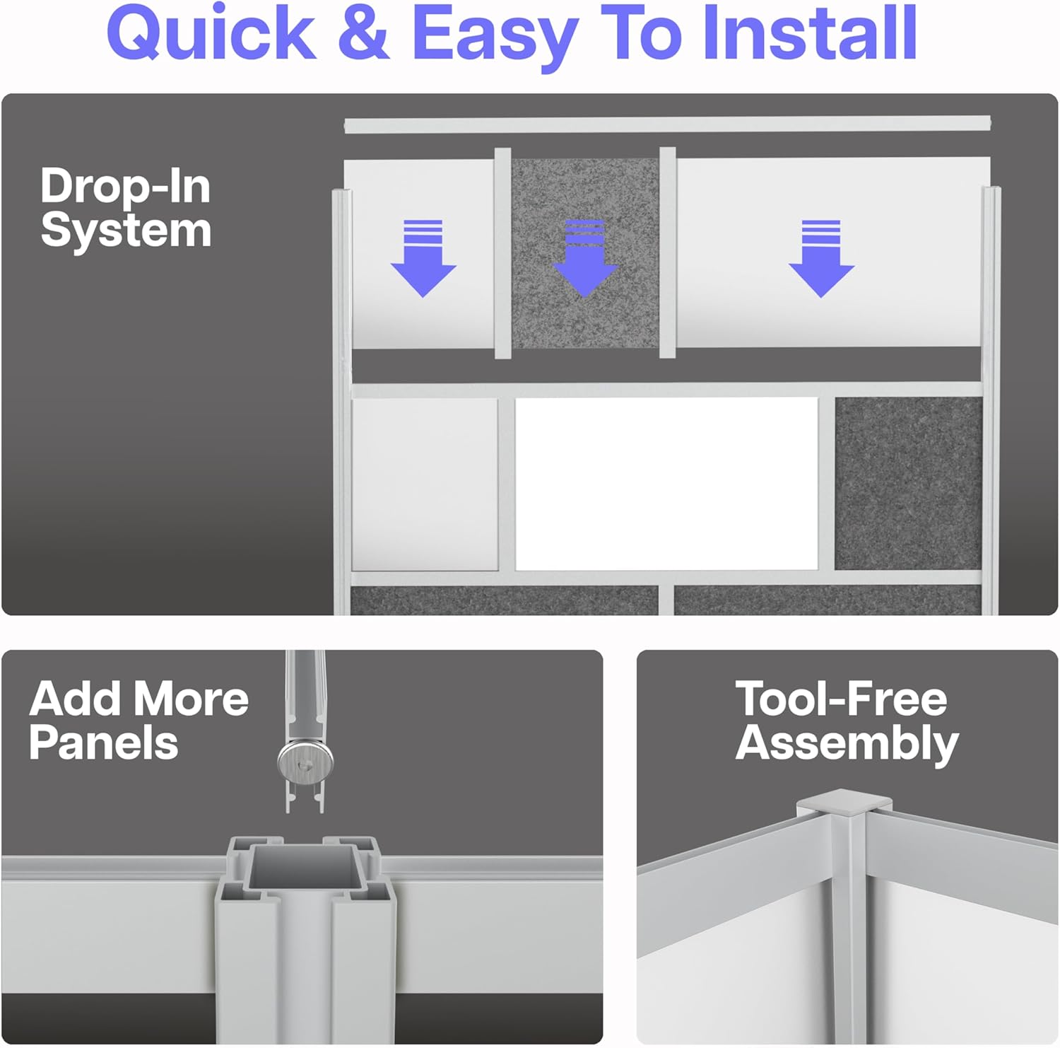 Room Divider for Office Privacy – Modular Freestanding Partition with Whiteboard, PET Acoustic Panel, and Frosted Acrylic, Workflow Multi-Functional Wall, Gray Frame, Easy Assembly (70” x 70”)