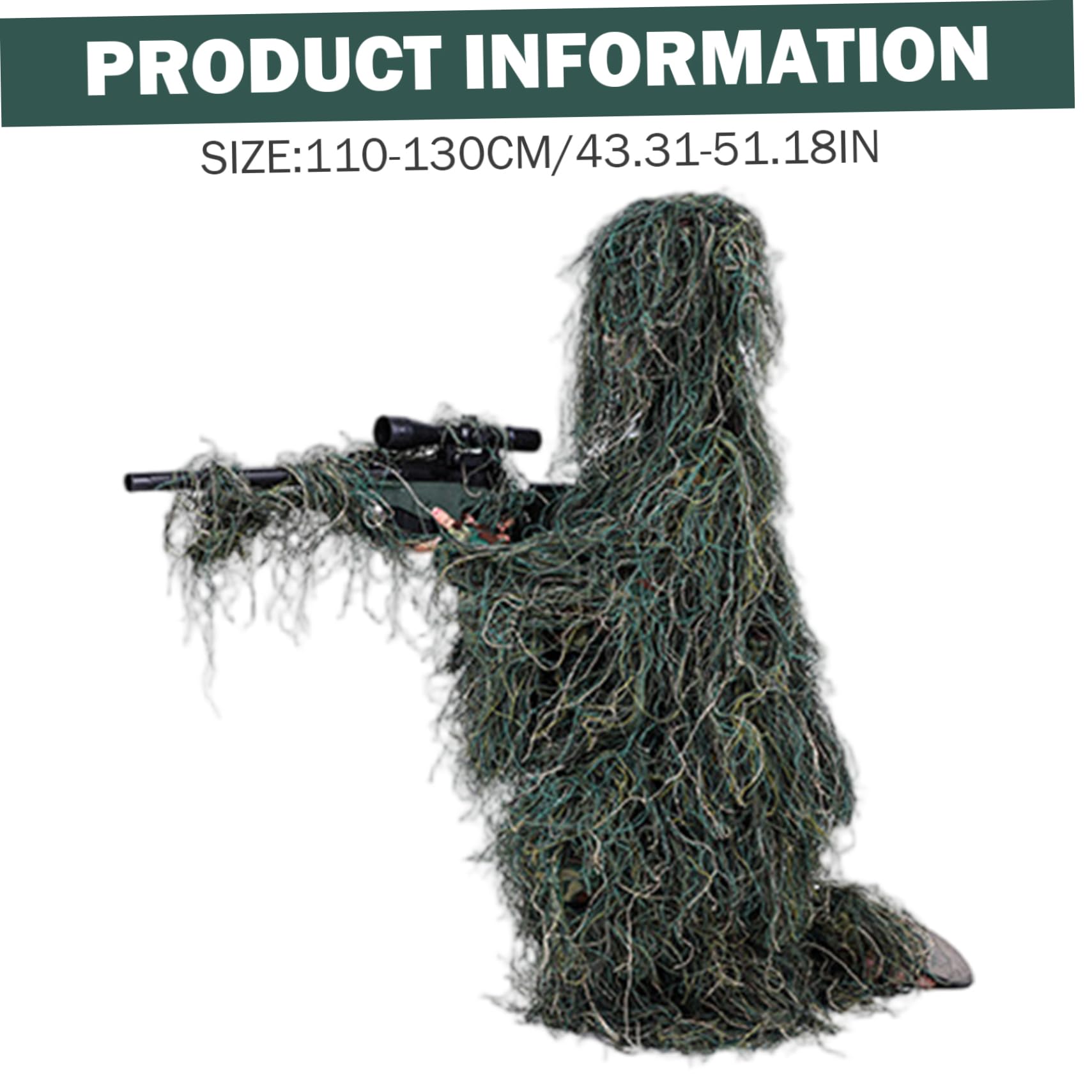 Ghillie Suit per bambini Altezza 43, 31-51, 18 pollici, Tuta mimetica 3D traspirante 5 in 1, Abbigliamento da caccia con giacca, pantaloni, cappuccio, borsa per il trasporto, giocattoli e giochi.