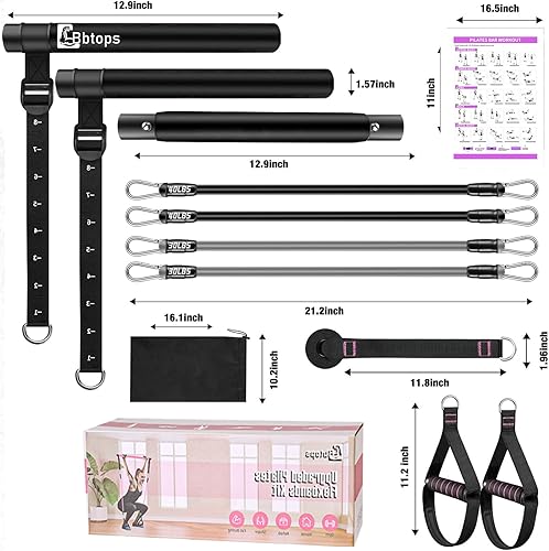 Miniatura 6 de Kit de barra de pilates Bbtops con bandas de resistencia, barra de pilates con bandas apilables, equipo de entrenamiento para piernas, cadera, Negro