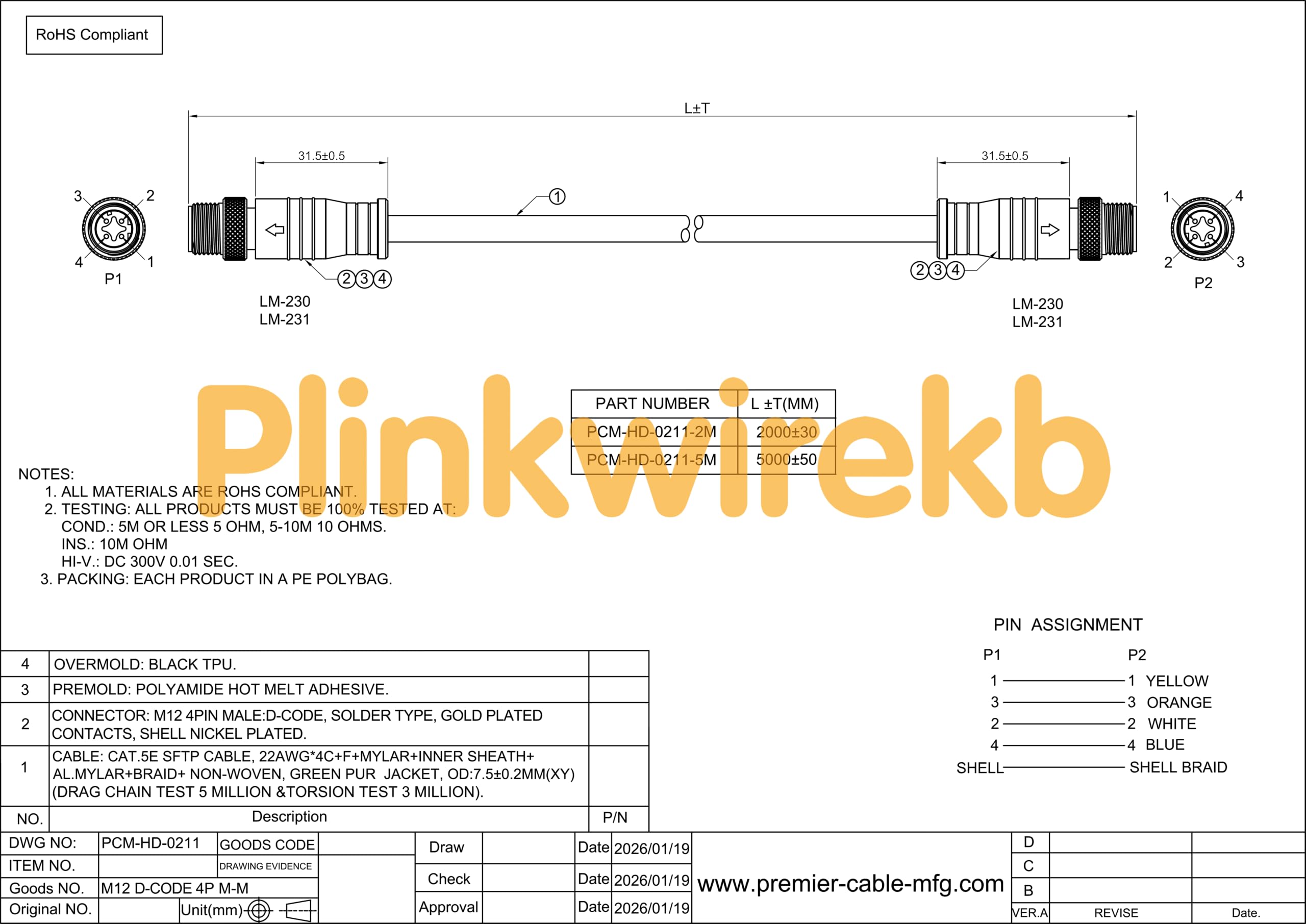 Cavo Ethernet industriale M12 a 4 pin D-Code da maschio a maschio, CAT5e SFTP schermato, cavo in TPU verde, impermeabile IP67, ad alta flessibilità, per rete di automazione di fotocamere industriali