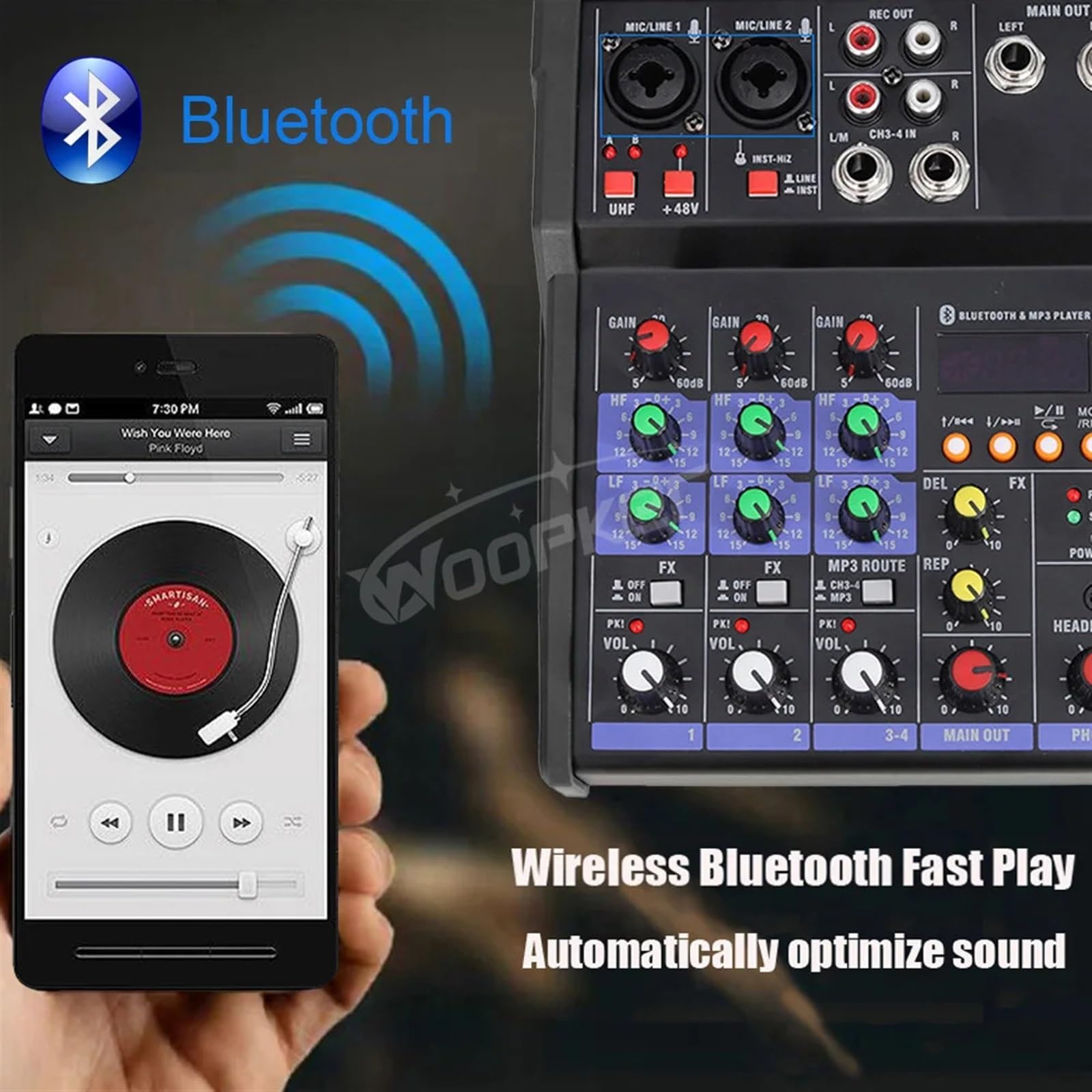 Console mixer audio a 4 canali Woopker con microfono wireless Mixing Ingresso USB Mixer DJ Artisti e Band(Black Set)