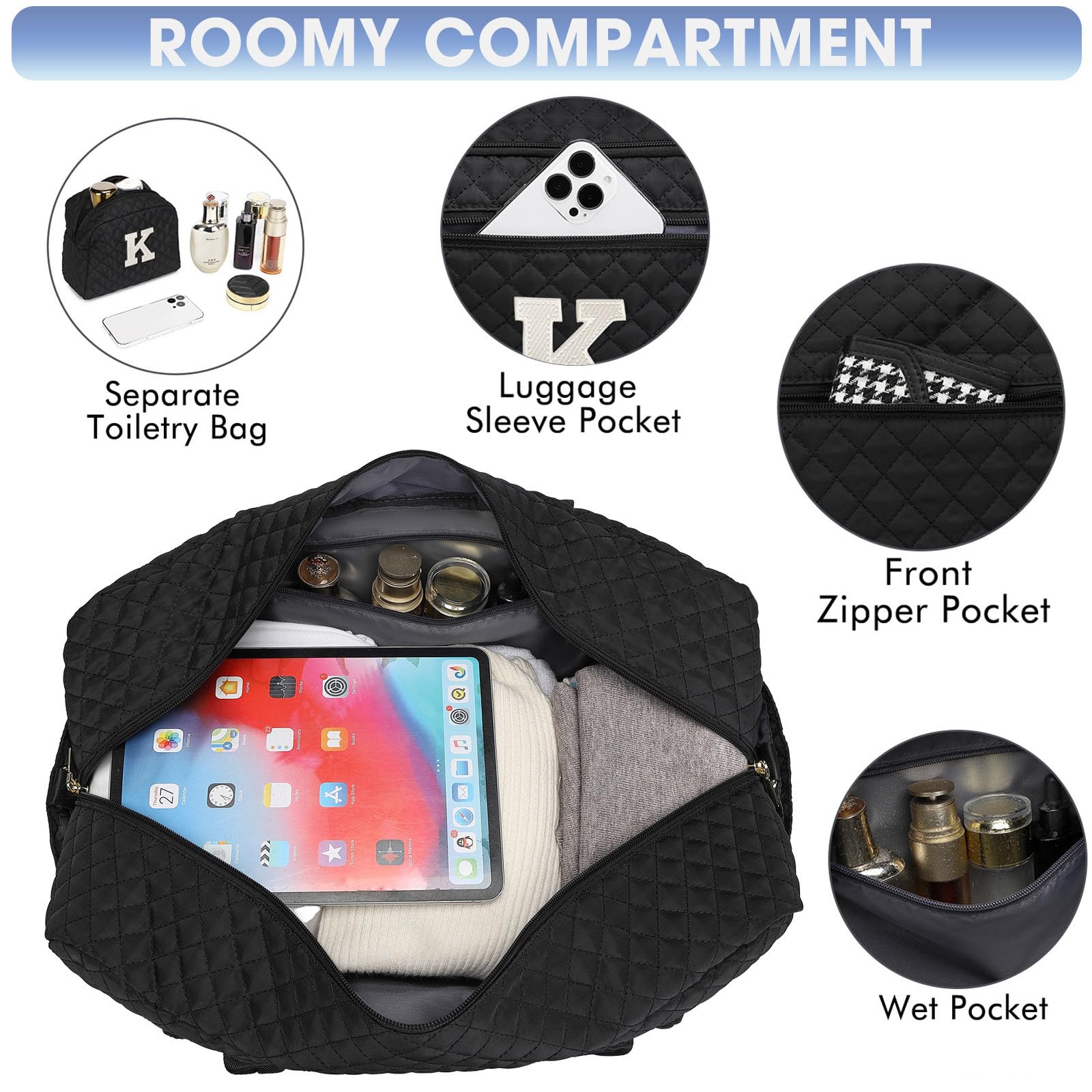Initial Travel Duffle Bag for Women - Black Personalized Weekender bags Overnight Bag with Shoe Compartment & Wet Pocket Weekend Tote Bags with Toiletry Bag Monogram Christmas Gift (Letter K) view 2