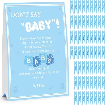 Dont Say Baby Game, Baby Shower Games Boy, 1 Sign and 60 Blue Mini Clothespins, 8 x 11 in Sign, Shower Game Decorations Ideas, Gender Reveal Party Favors