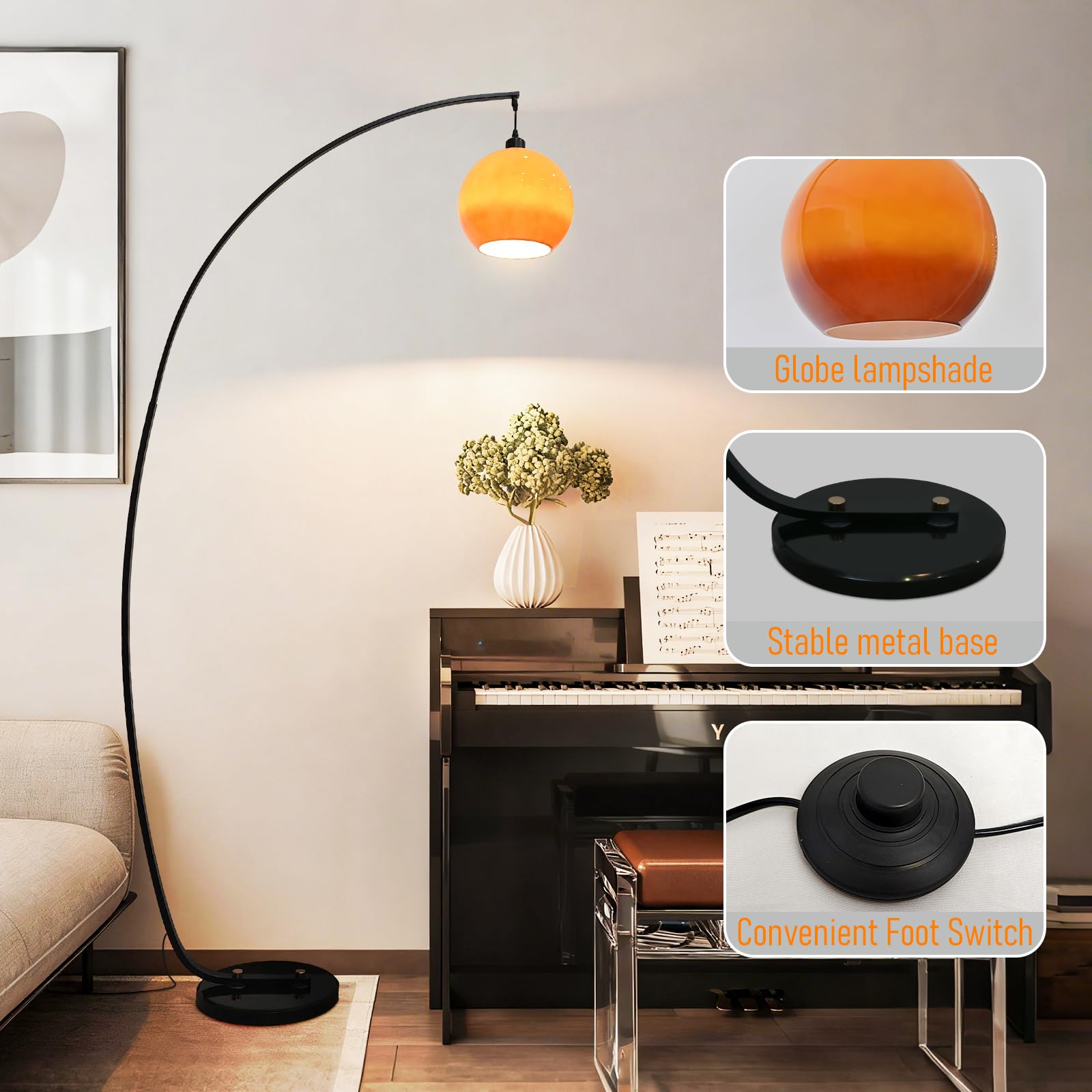 Lampada Da Terra Moderna In Vetro Arancione, Arc Da 70,9", A Globo In Vetro Con Attacco E27 Dimmerabile, Alta Curva Per Soggiorno E Camera Da Letto.