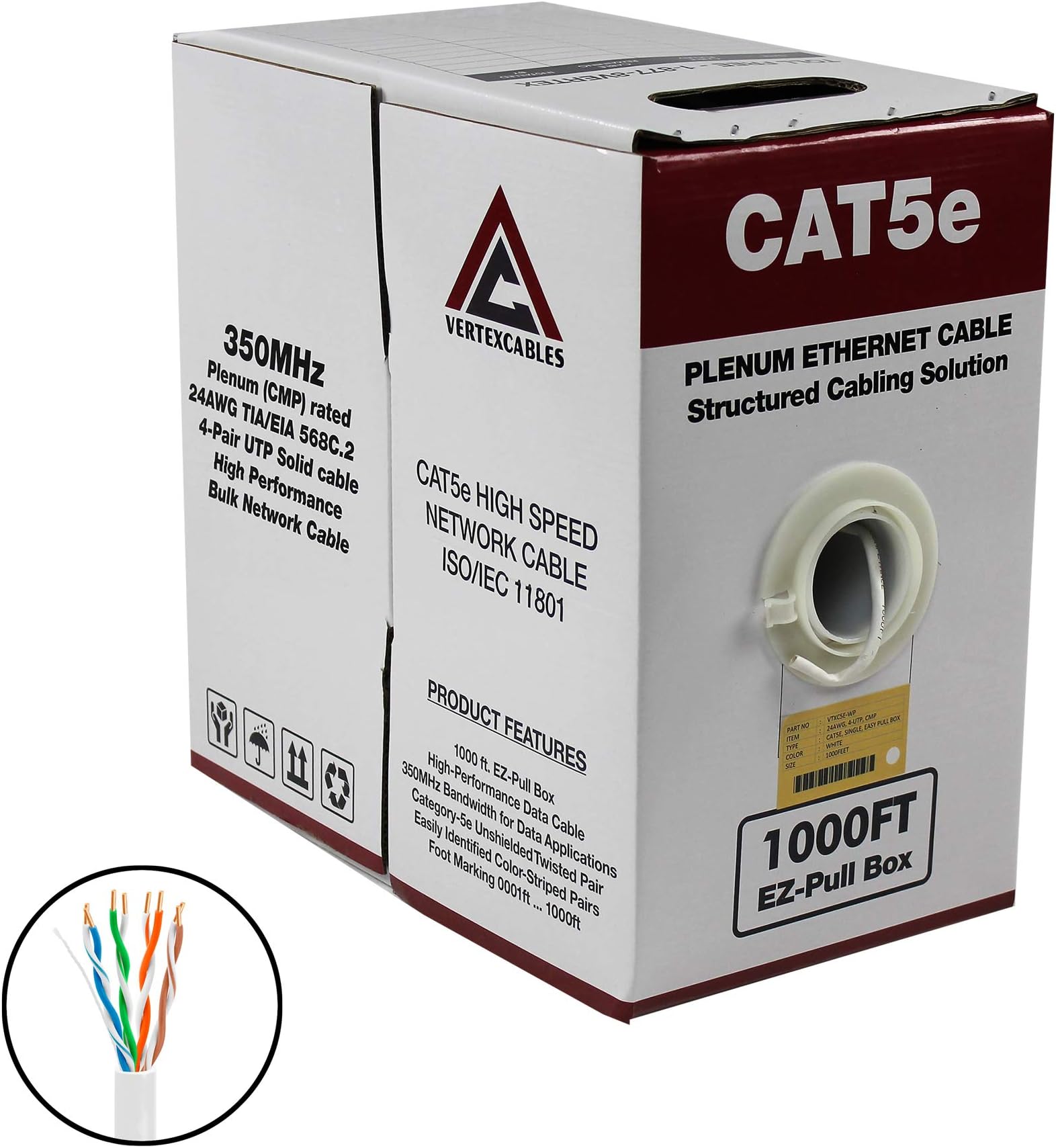 CAT5E Plenum 1000FT 350MHZ 24AWG White Solid Network UTP Cable