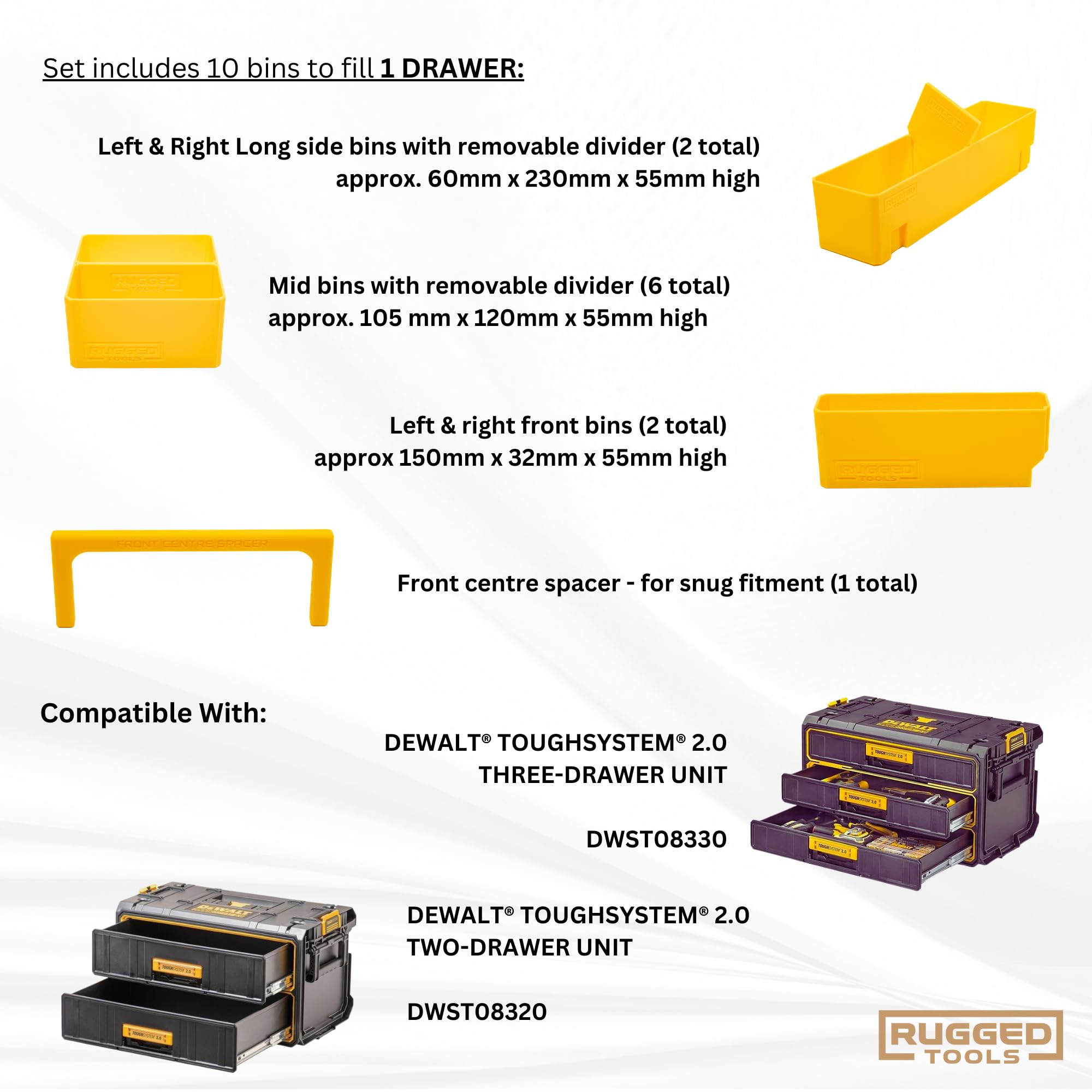 RUGGED TOOLS Storage Bins compatible with Dewalt ToughSystem 2.0 Drawer Units (DWST08330 & DWST08320) - Yellow, 1 Set - Image 3