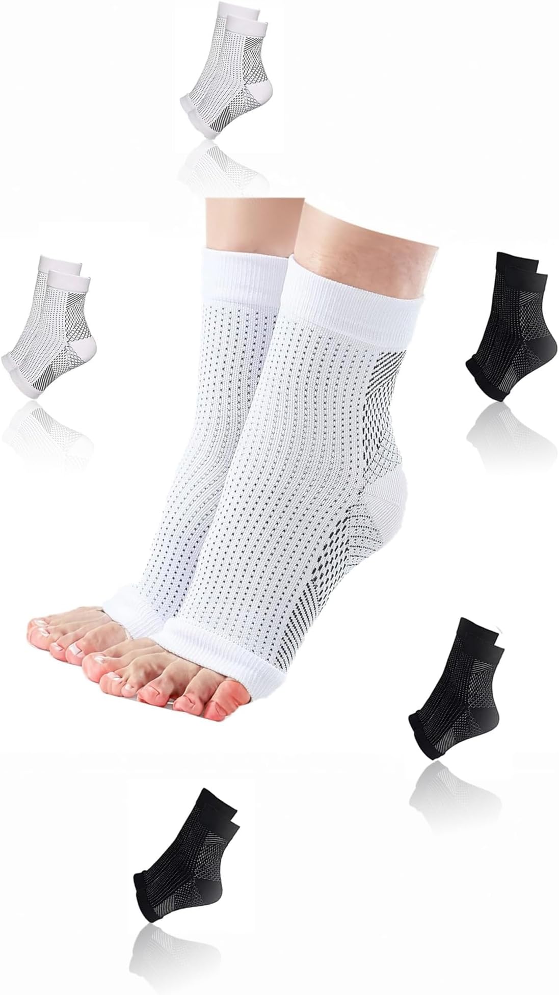 Sweet seven 5 Pairs Copper Compression Socks, Ankle Brace, Neuropathy, and Tendonitis Relief, Pain Management Foot Compression Sleeves for Men and Women (White, Black and White Dots) (L/XL)
