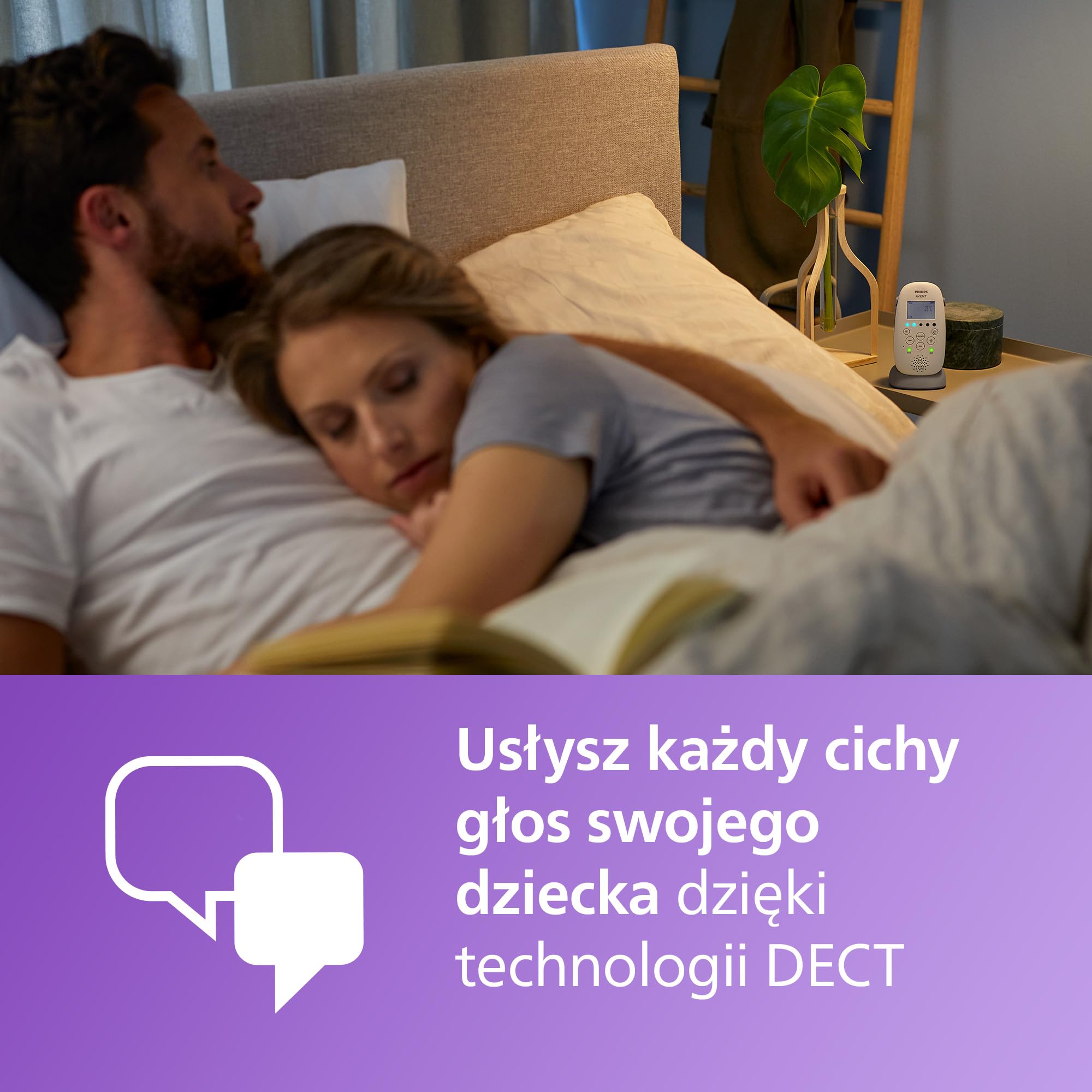 Philips Avent DECT Elektroniczna niania z projektorem gwiezdnego nieba, kołysankami, funkcją dwukierunkowej komunikacji, zasięgiem 330 m i 24-godzinnym bezprzewodowym działaniem,SCD733/26
