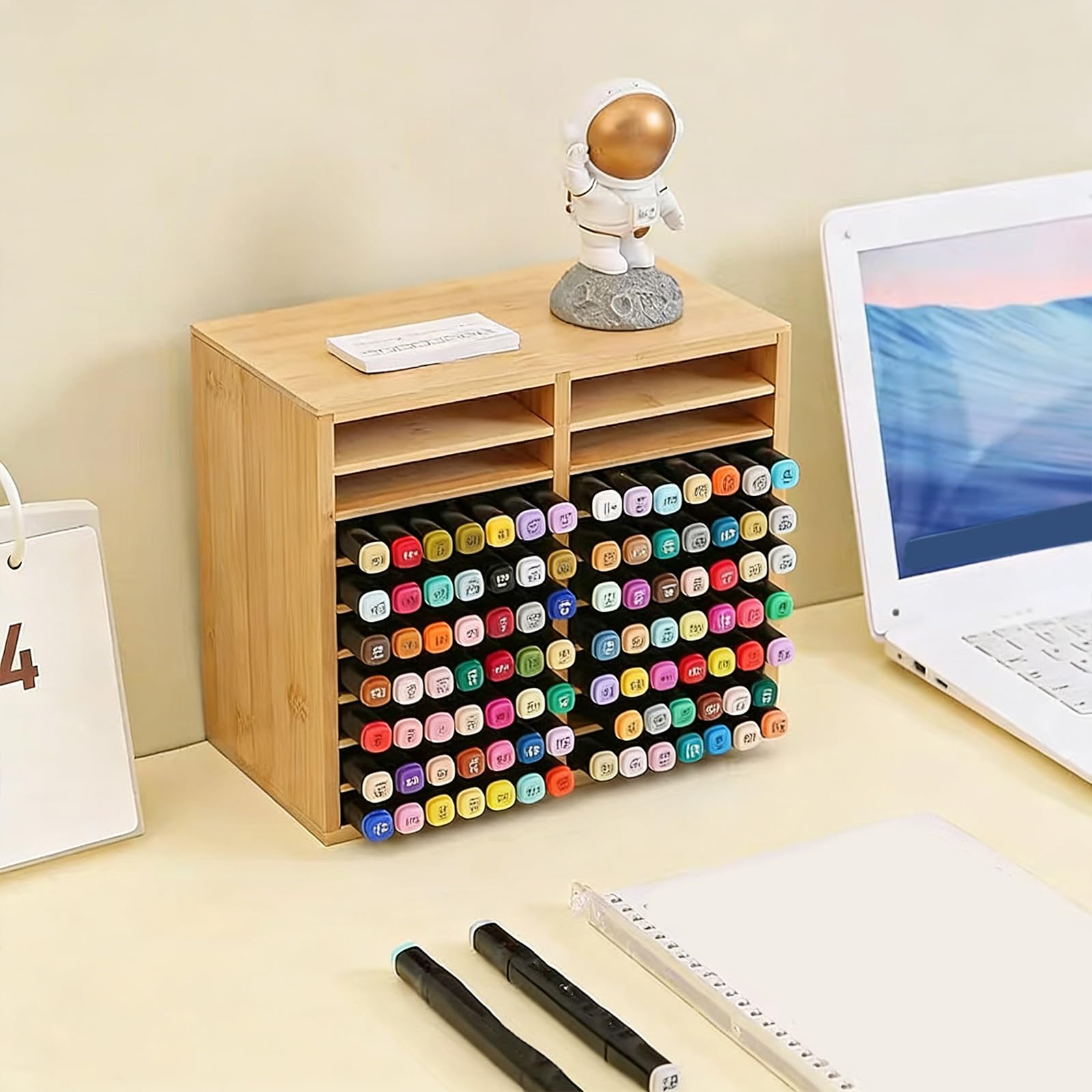 Organizadores de escritorio de madera natural resistentes con compartimentos numerados para almacenamiento de suministros de arte de artistas