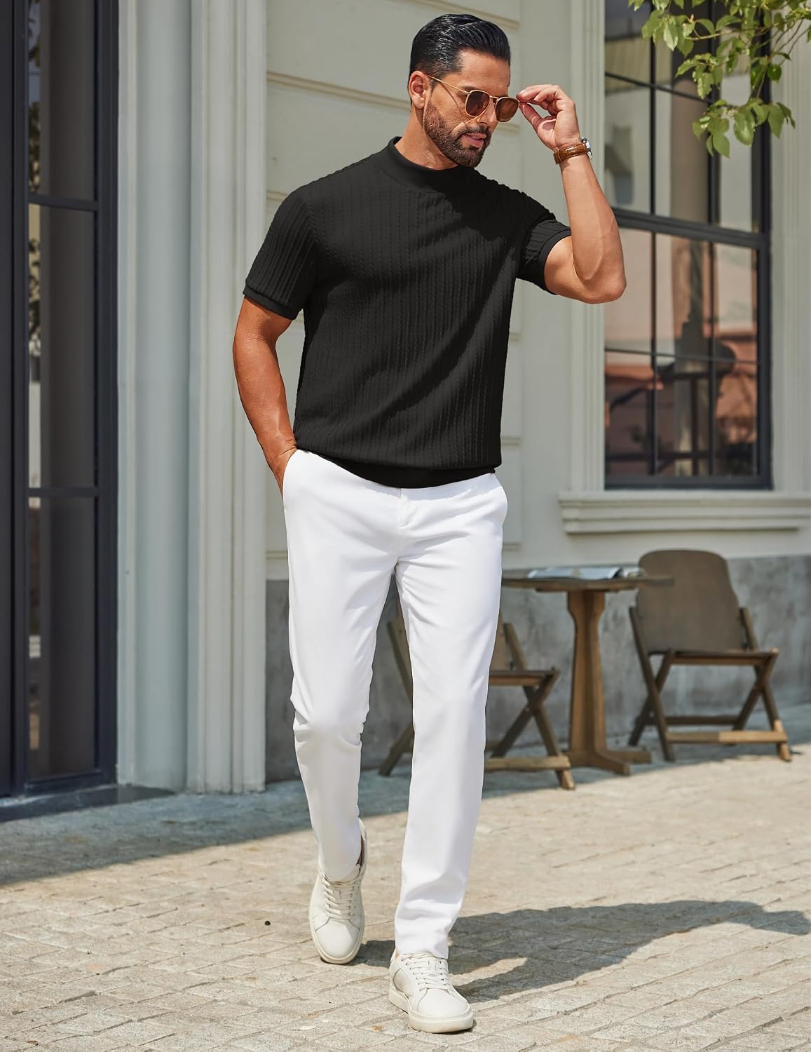 COOFANDY Men's Mock Turtleneck Sweater Short Sleeve Casual Knit Tee Slim Fit Cable Ribbed Texture Pullover Tops