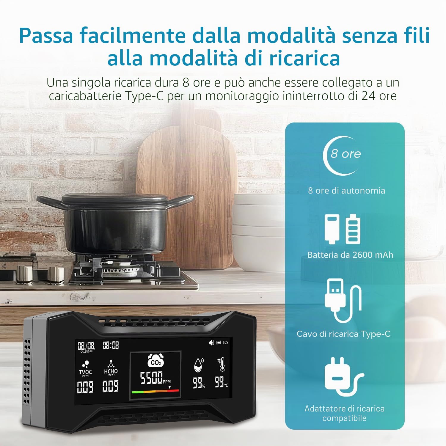 CF-20 DL Misuratore Della Qualità Dell'Aria Con Report Dei Dati, Rilevatore CO2 Che Misura CO2, TVOC, HCHO, PM2.5, PM10, AQI, Temperatura e Umidità, Display Visivo Basato Su Simboli Per Casa