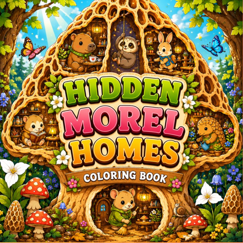 Hidden Morel Homes Coloring Book with Cozy Forest Cottages, Cute Woodland Animals, Enchanted Mushroom Villages, and Magical Nature Scenes