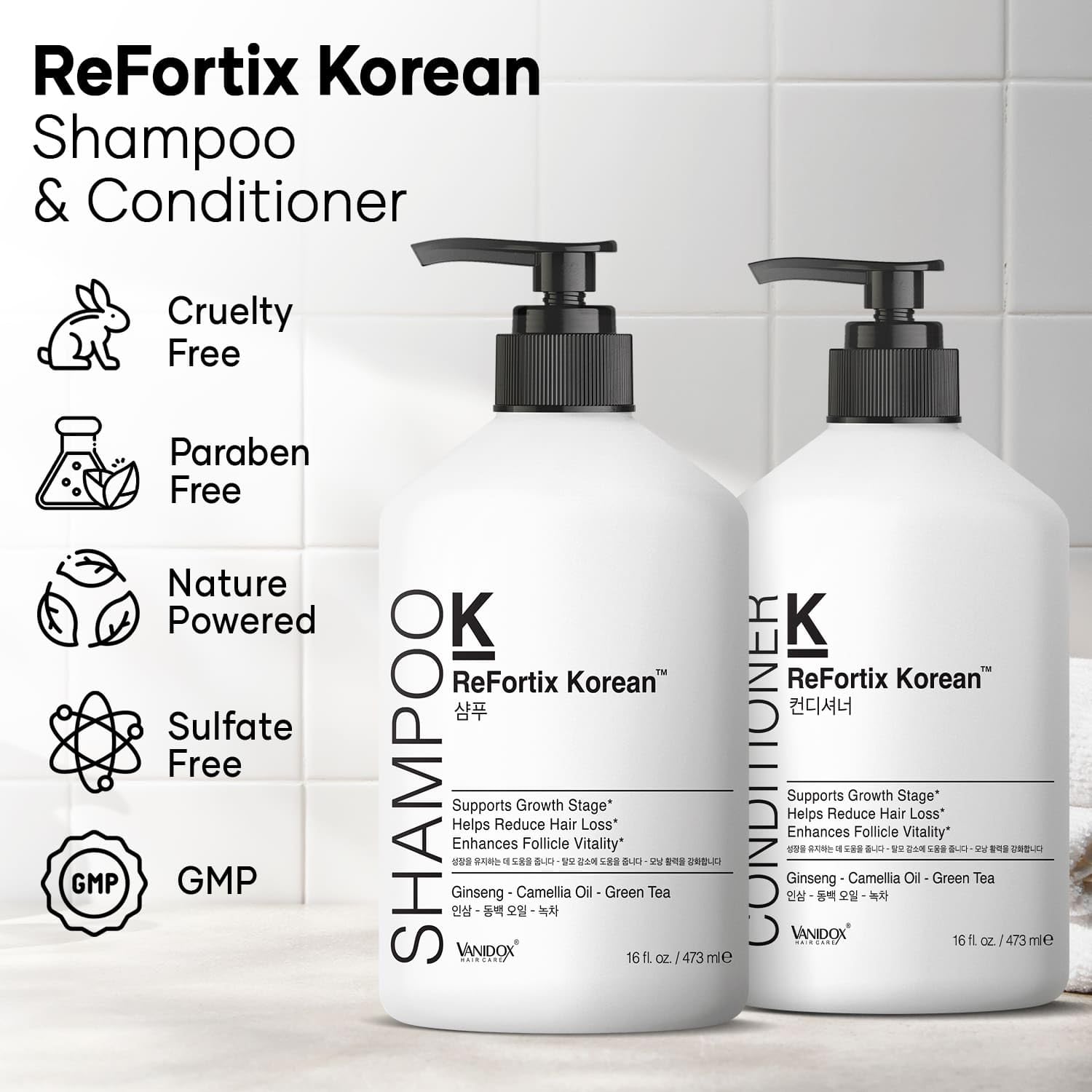 VANIDOX ReFortix Korean Shampoo and Conditioner Set, Enriched with Ginseng, Green Tea, and Camellia Oil, Supports Growth Stage and Helps Reduce Hair Loss for Stronger Hair (16 fl oz each)