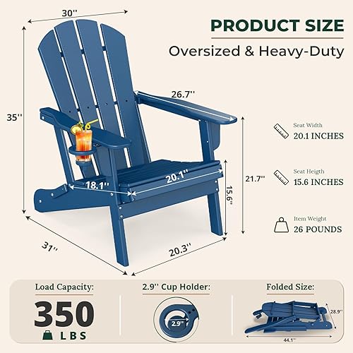 Miniatura 3 de BRIOPAWS Juego de 2 sillas plegables Adirondack  Plástico HDPE  Silla para hoguera  Portavasos  Respaldo curvado  Todo clima  para patio trasero al