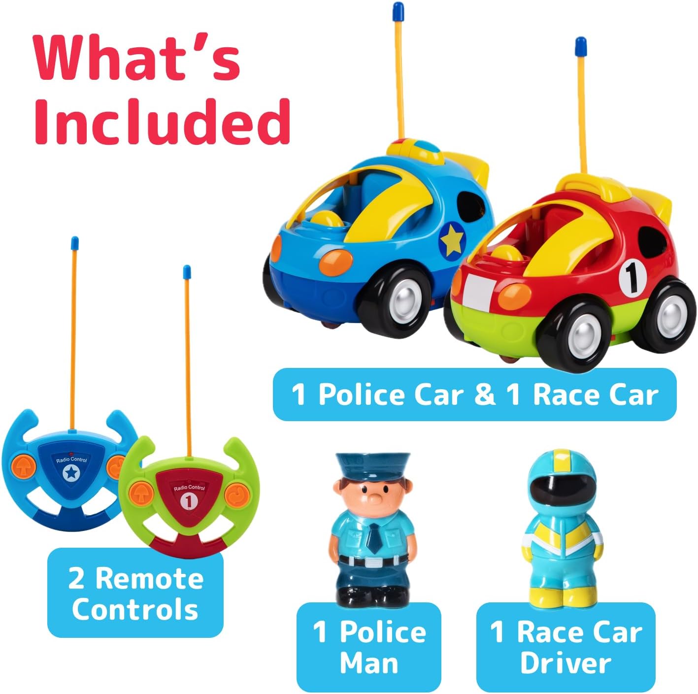 Prextex 2 Pack Cartoon Remote Control Cars for Toddlers - Police Car and Race Car with Steering Wheel Controllers and Lights - Different Frequencies So Both Can Race Together - Toddler Gift 18+ Months