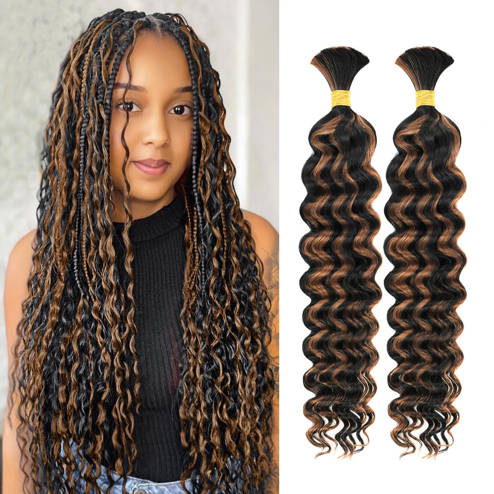 "Human Braiding Hair, 2 Bundle 100g 20 Inch Boho Braids Human Hair 10A Deep Wave Bulk Brazilian Virgin No Weft Wavy Hair Extension for Boho Knotless Balayage Black to Brown"