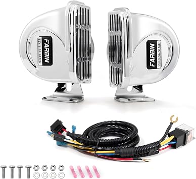 FARBIN Boat Horn Stainless Steel Waterproof Horn for Ships 12V Super Loud Horn With base bracket and Relay Harness for Car Sailboats Yachts Motorcycle Trucks etc. Dual horn with wiring harness