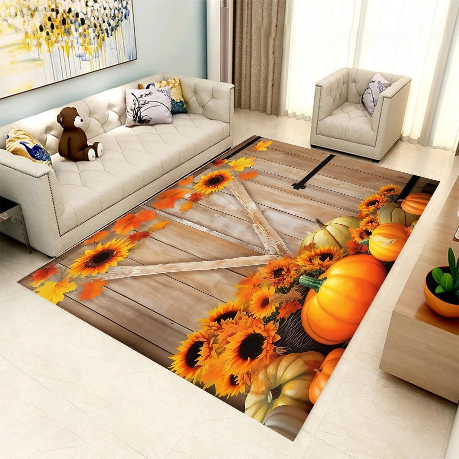 Tapis de salon poil court doux motif plante tournesol 3D