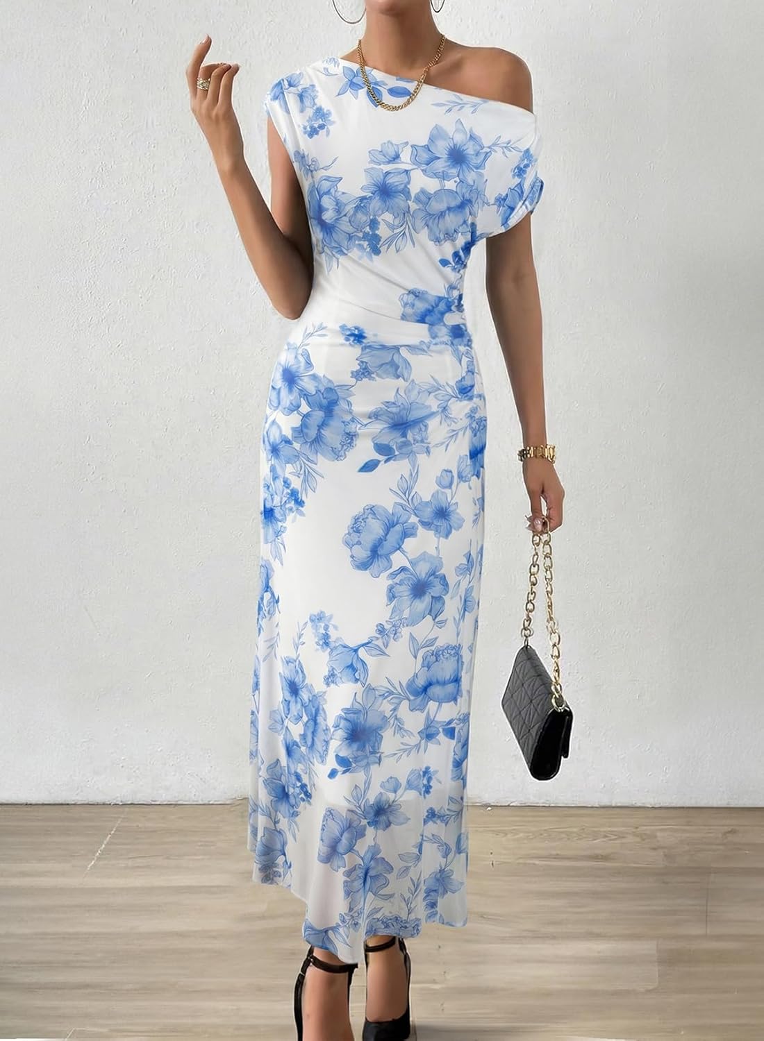 BLENCOT Women's Floral Off Shoulder Maxi Dress Ruched Bodycon Summer Wedding Guest Party Gown