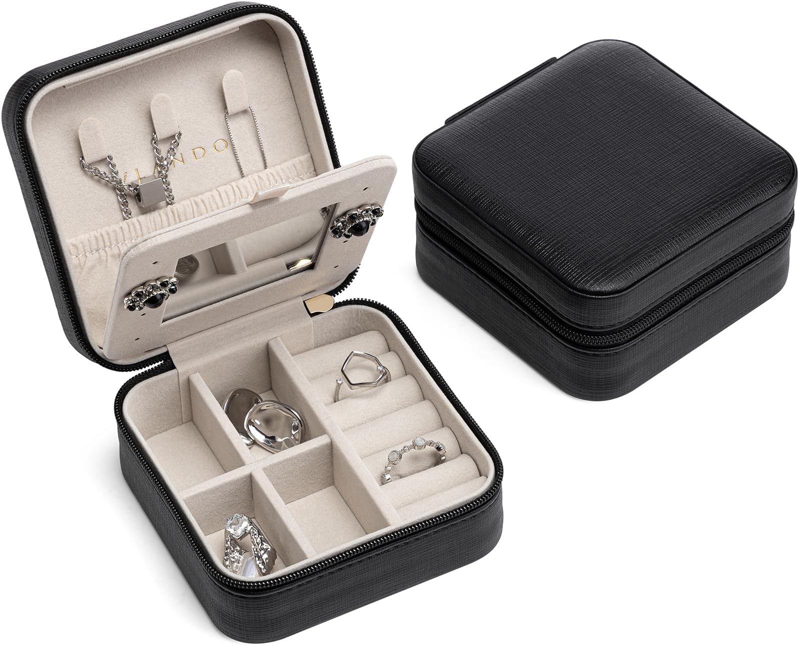 Vlando Small Faux Leather Travel Jewellery Box Organizer Display Storage Case for Rings Earrings Necklace with Mirror