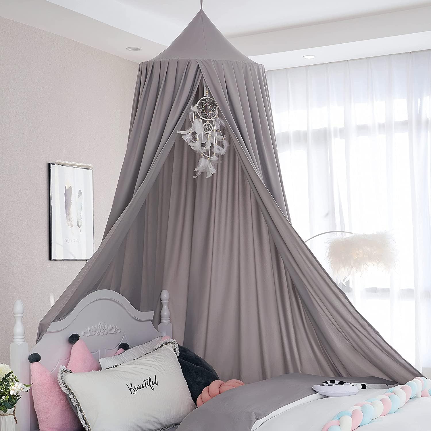 Priksia Round Dome Bed Canopy for Bedroom, Kids Girls Cotton Mosquito Net (Grey)