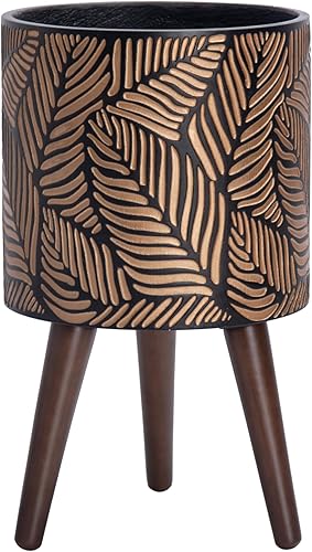 Macetero alto de interior con soporte, diseño de hojas, macizo, vertical con orificio de drenaje, M, BronceGris