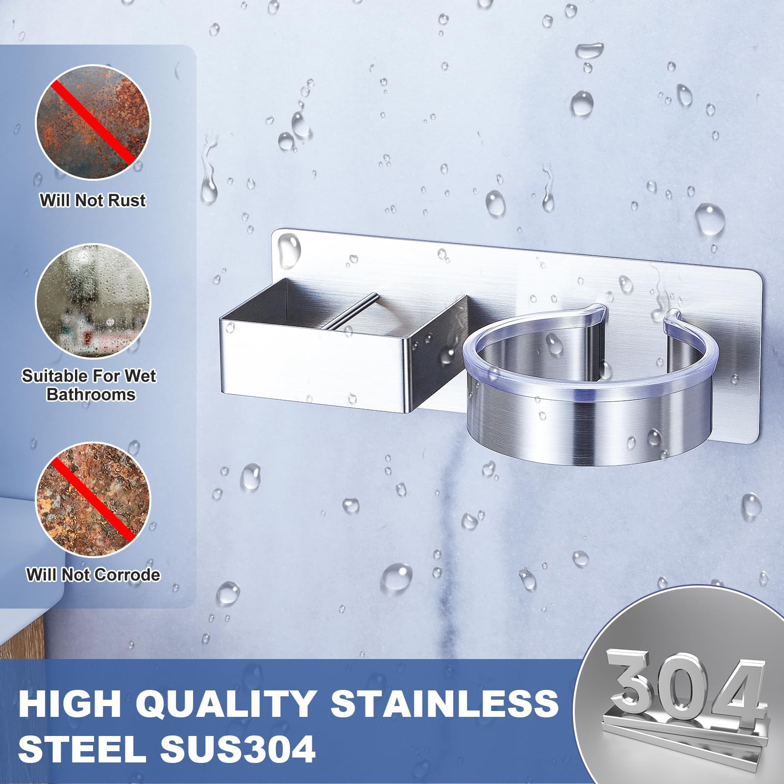 Soporte para secador de pelo montado en la pared, organizador de herramientas de pelo para baño, soporte adhesivo para secador de pelo, soporte para secador de pelo de acero inoxidable