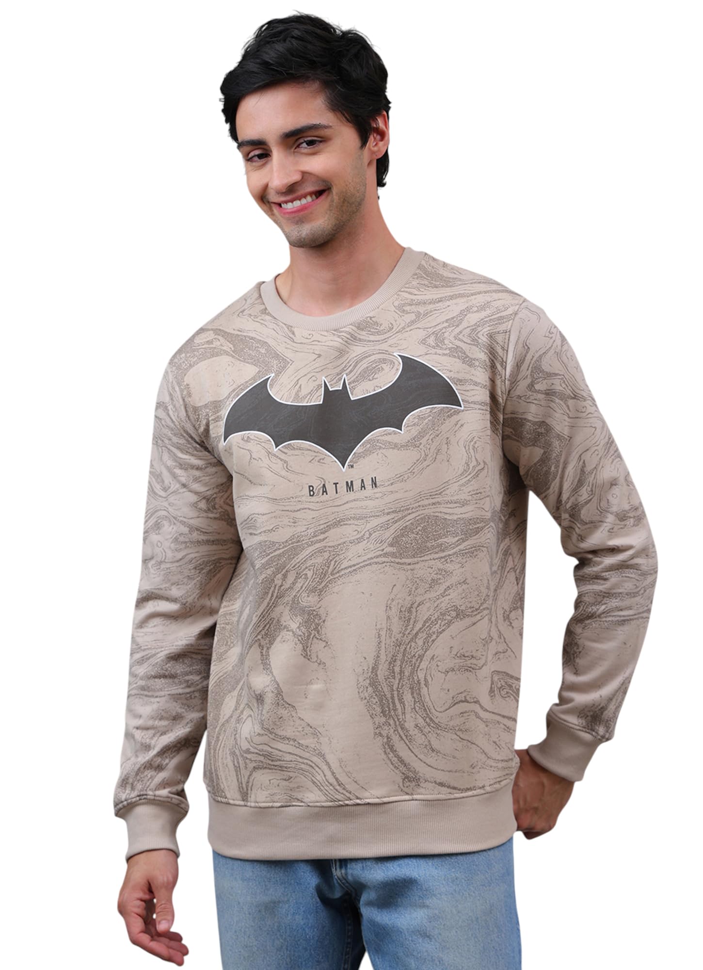 Free Authority Official DC Comic Batman Graphic Printed Regular Fit Beige Sweatshirt for Men