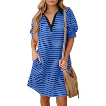 BLENCOT Womens Casual Polo V Neck T Shirt Striped Dress Summer Puff Short Sleeve MIdi Dresses