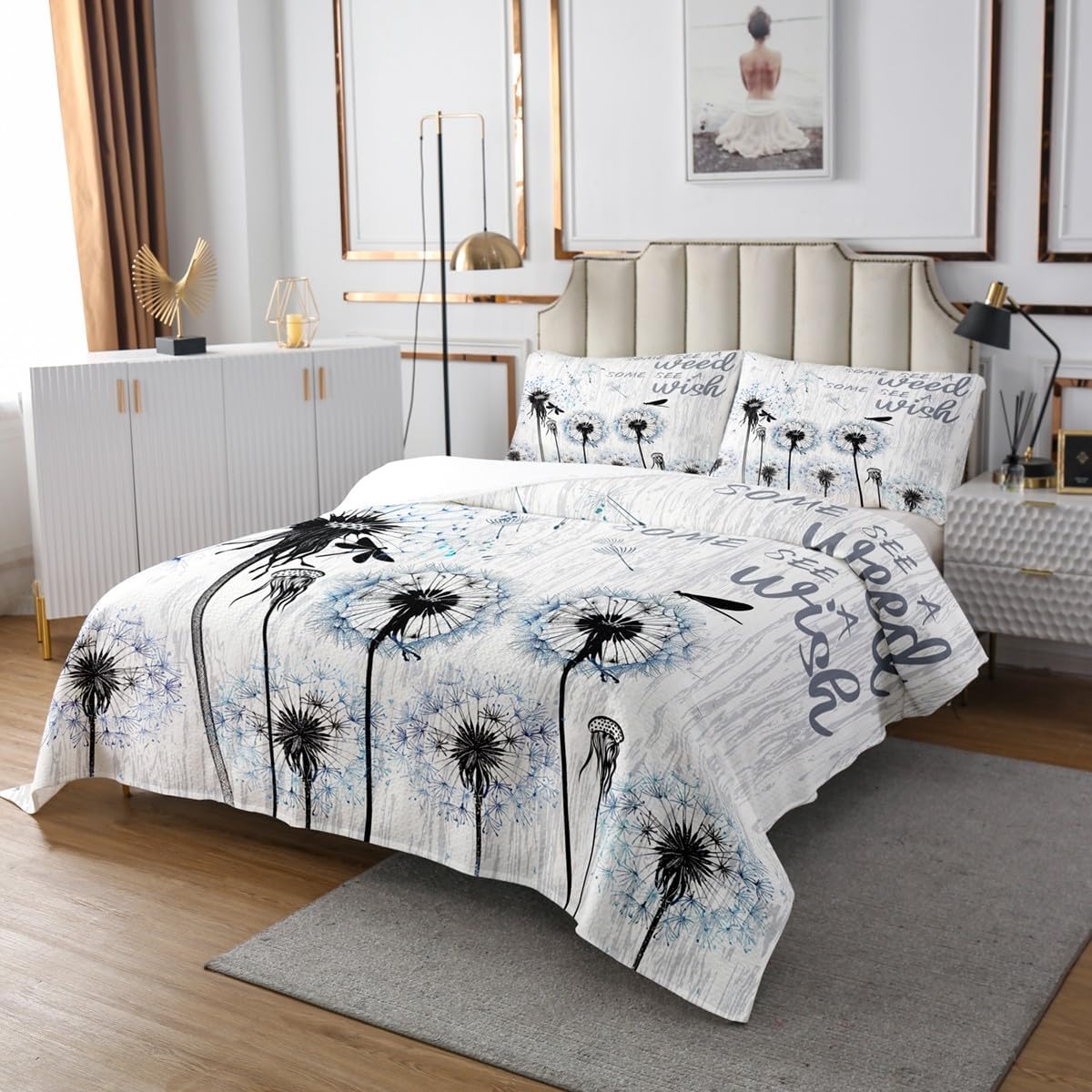 Dandelion Floral Bedspread Queen Size,Kids Nature Flower Plants Bedding Set,Rustic Farmhouse Comforter Set for Teens Girls Woman Boys Room Decor,Vintage Grey Blue Coverlet Quilt,2 Pillowcases