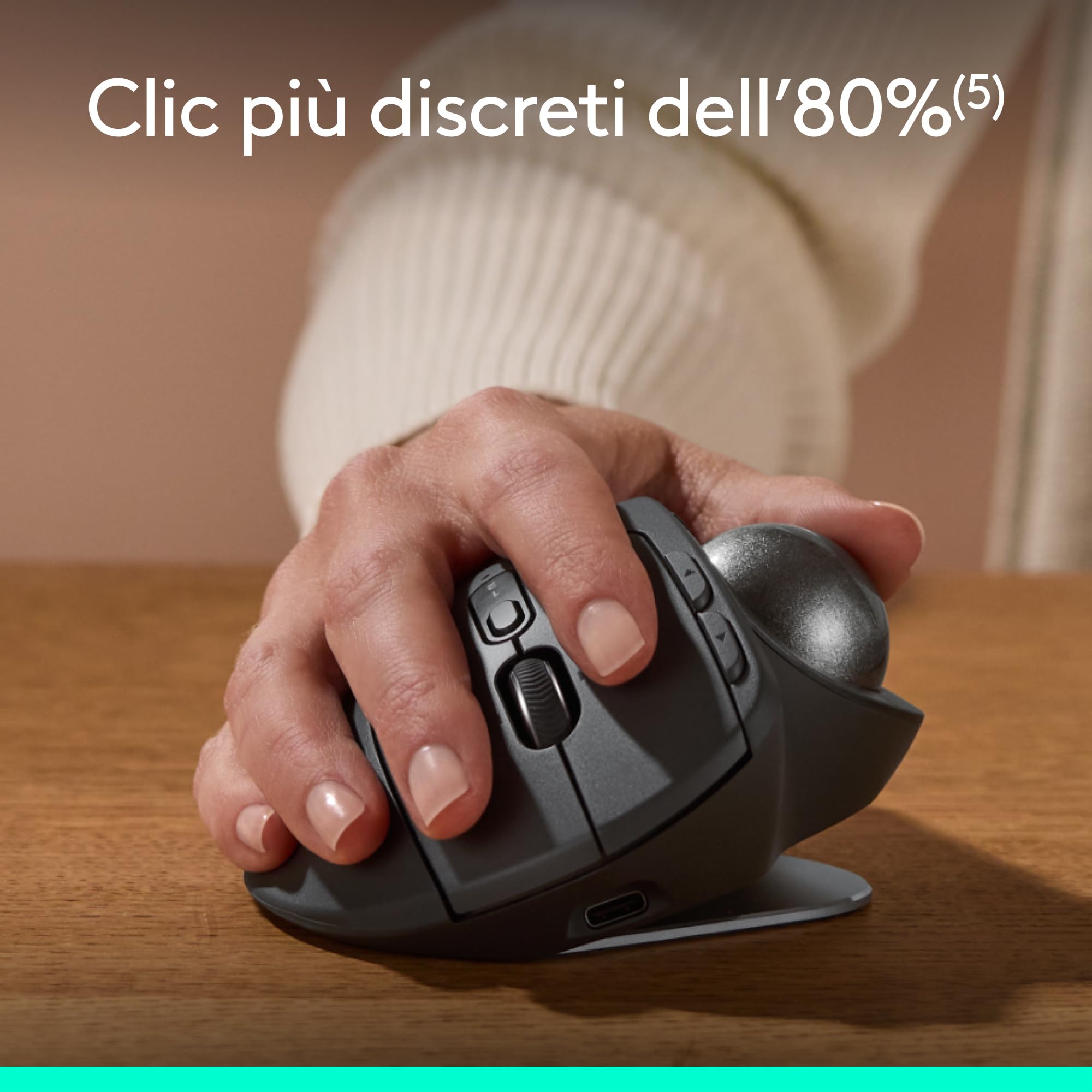 Logitech MX Ergo S mouse trackball wireless avanzato, mouse ergonomico wireless ricaricabile USB-C con Bluetooth e dongle crittografato, 6 pulsanti programmabili, per PC/Mac - Grafite