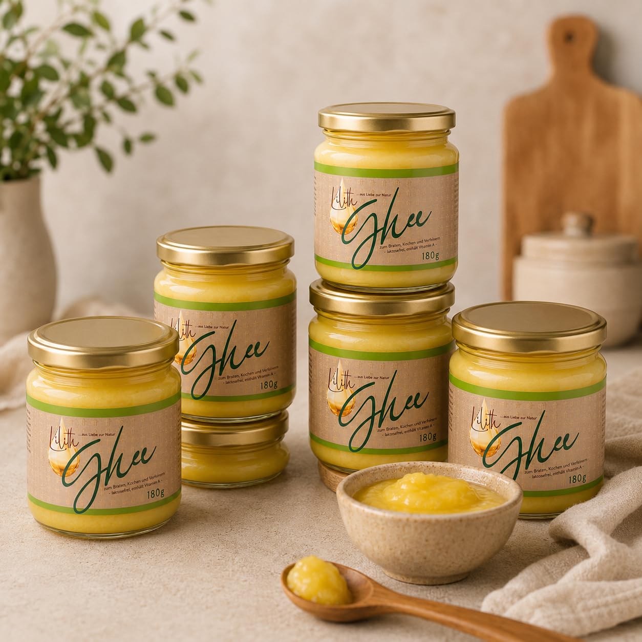 Lilith gmbH Ayurvedisches Bio-Ghee, Geklärte Butter, 180 g, 6 Stück, Traditionell Ayurvedisch, Zum Braten und Kochen