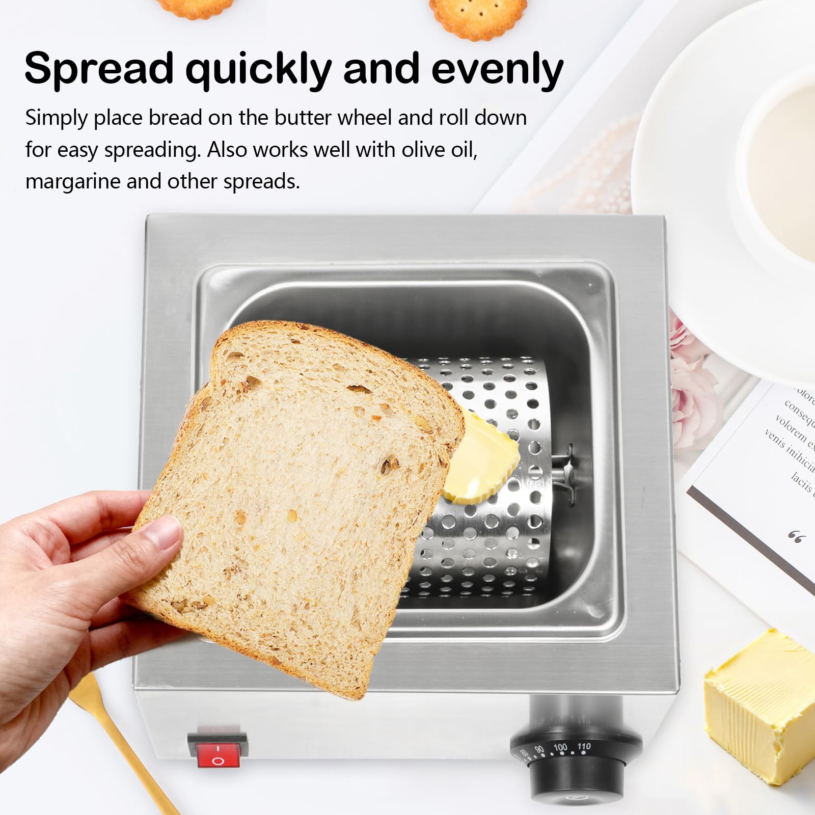 Rouleau à Beurre Électrique, Étaleur de Beurre en Acier Inoxydable 304 avec Température de Chauffage (30°C~88°C) pour Faire Fondre Rapidement Beurre Étaler Beurre Uniformément Sur hamburger Pain Toast