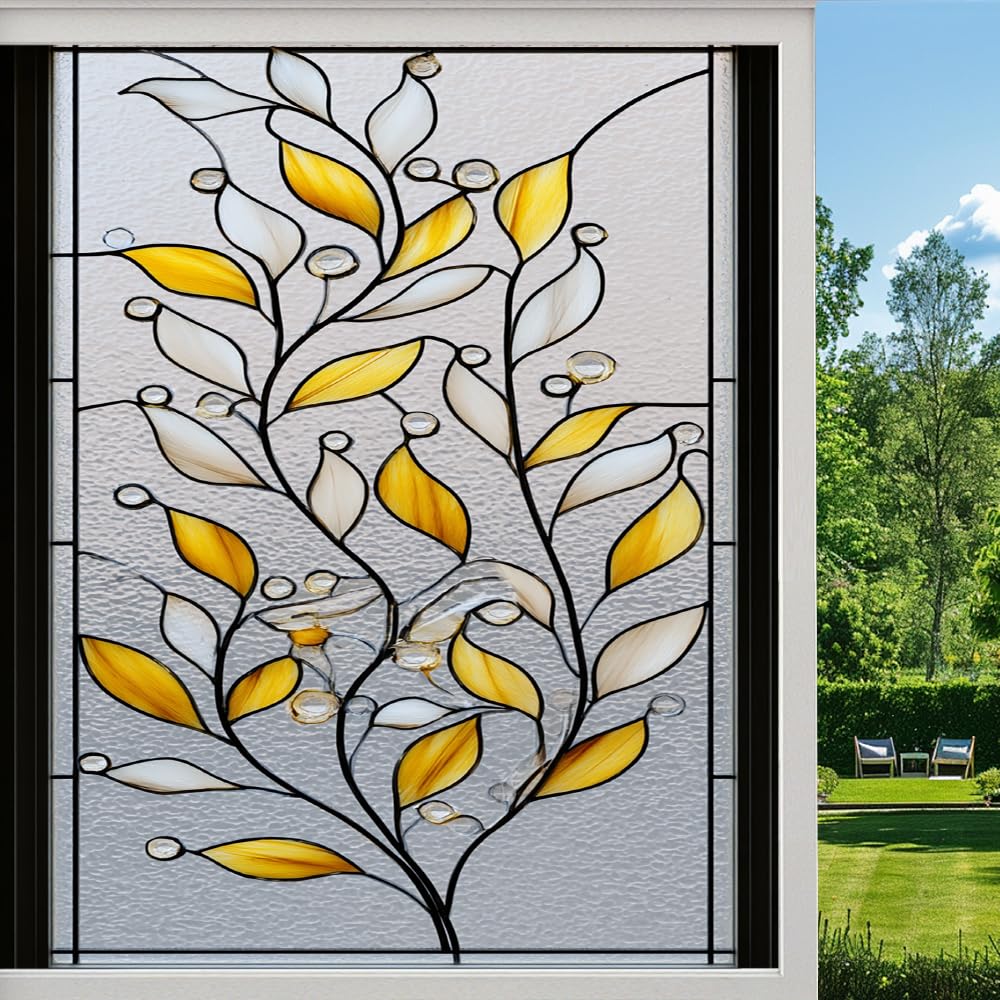 Pmlbaous Leaf Plants Frosted Window Film, Colorful Leaves Natural Stained Glass Privacy Film, Heat Insulation Self-Adhesive Vinyl For Bathroom Office, （80X120cm）