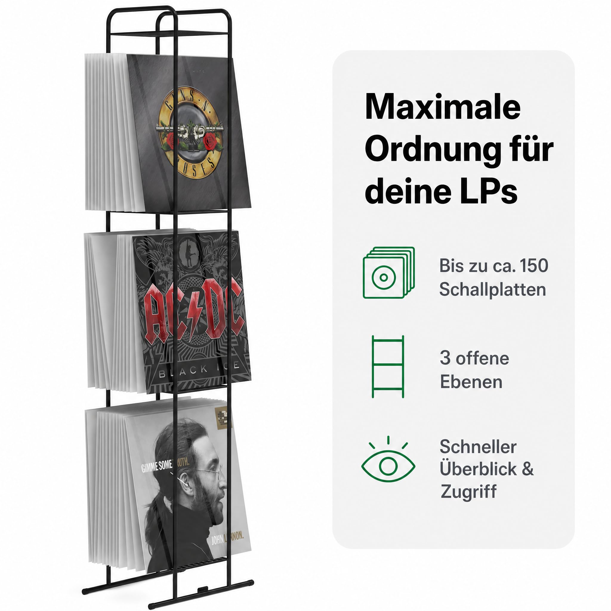 Zomo VS-Rack Vinya 150 Schallplattenständer – 300 x 190 x 1155 mm - Schwarz - 3 Ebenen Vinylregal aus Stahl – Design LP Standregal für bis zu 150 Schallplatten