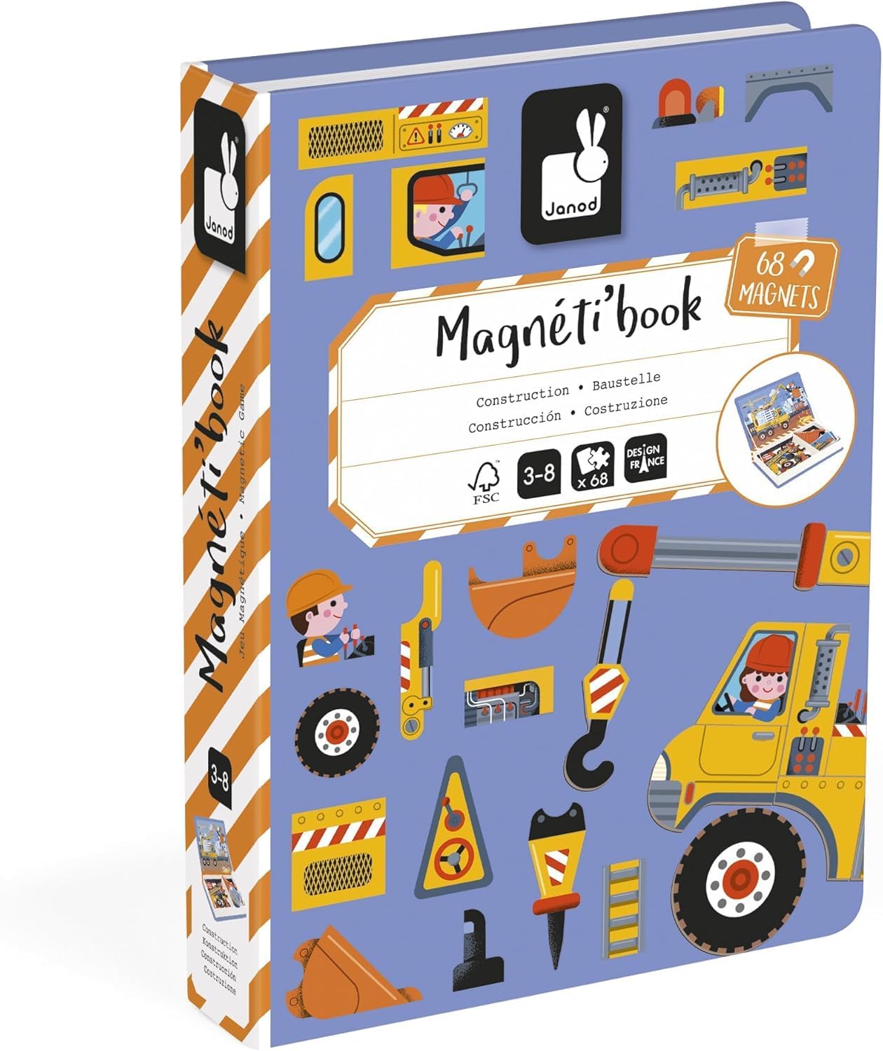 Janod - Magnéti'Book Construction Site Vehicles - Magnetic Educational Game 50 Magnets + 18 Models - Cardboard Children's Toy - Develops Dexterity and Imagination - from 3 Years Old - J02526