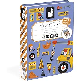 Janod - Magnti\'Book Construction Site Vehicles - Magnetic Educational Game 50 Magnets + 18 Models - Cardboard Children\'s Toy - Develops Dexterity and Imagination - from 3 Years Old - J02526