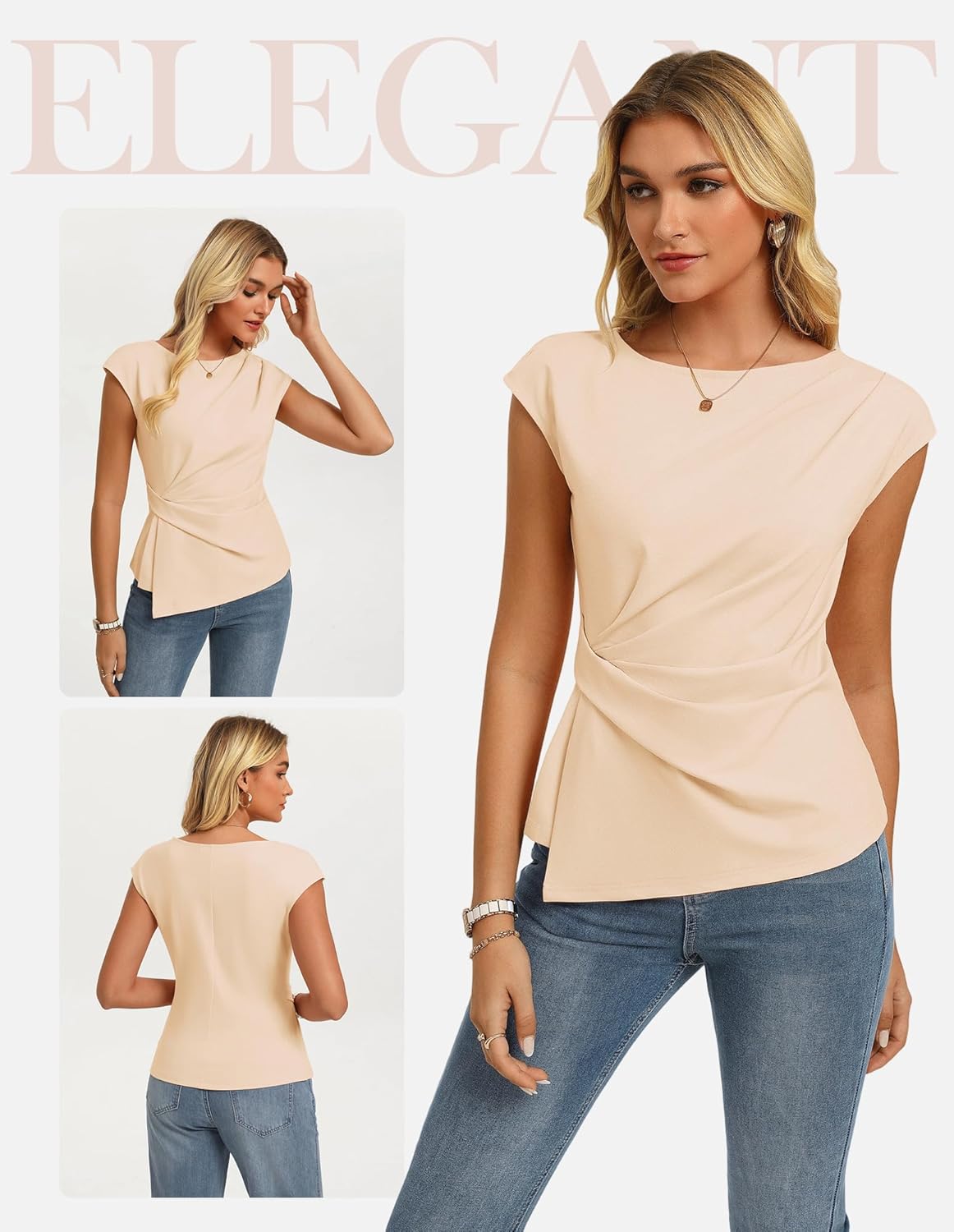 GRACE KARIN Womens 2026 Spring Short Sleeve Tops, Dressy Casual Crew Neck Peplum Shirts, Trendy Tunic Blouses with Knot - Image 2