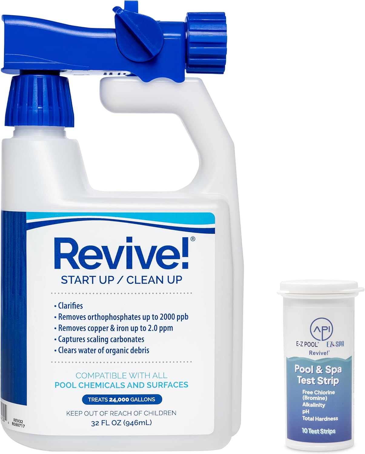 REVIVE 32 oz Water Care Long Lasting Non Foaming Formula for Pools with Test Strips