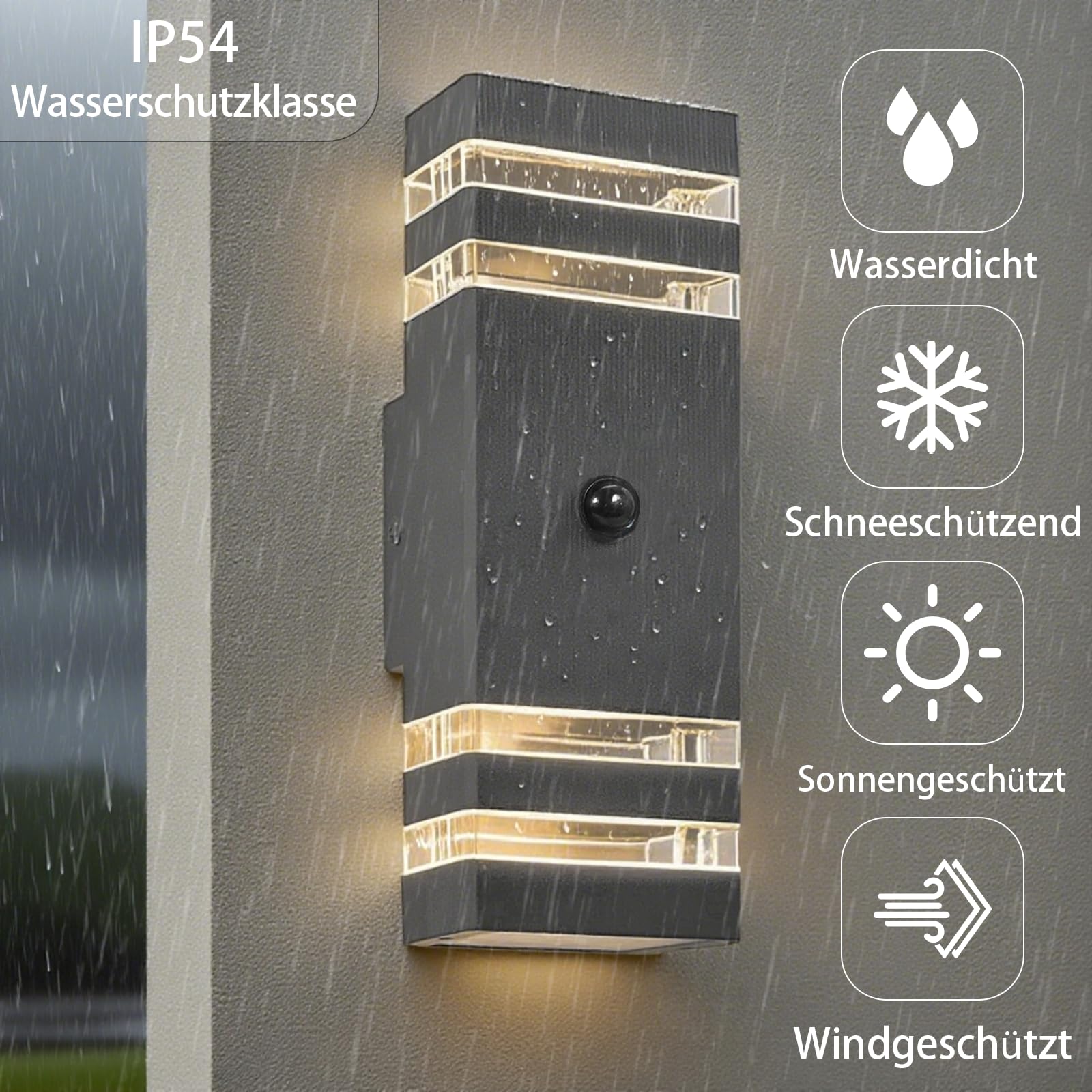 JNR Außenlampe mit Bewegungsmelder, GU10 LED Aussenlampe Anthrazit 2 Pack | Außenleuchte mit PIR Bewegungsmelder, IP54 Wasserdichte 230V Aluminium Aussenlampe, 2x5W GU10 3000K LED Glühbirne