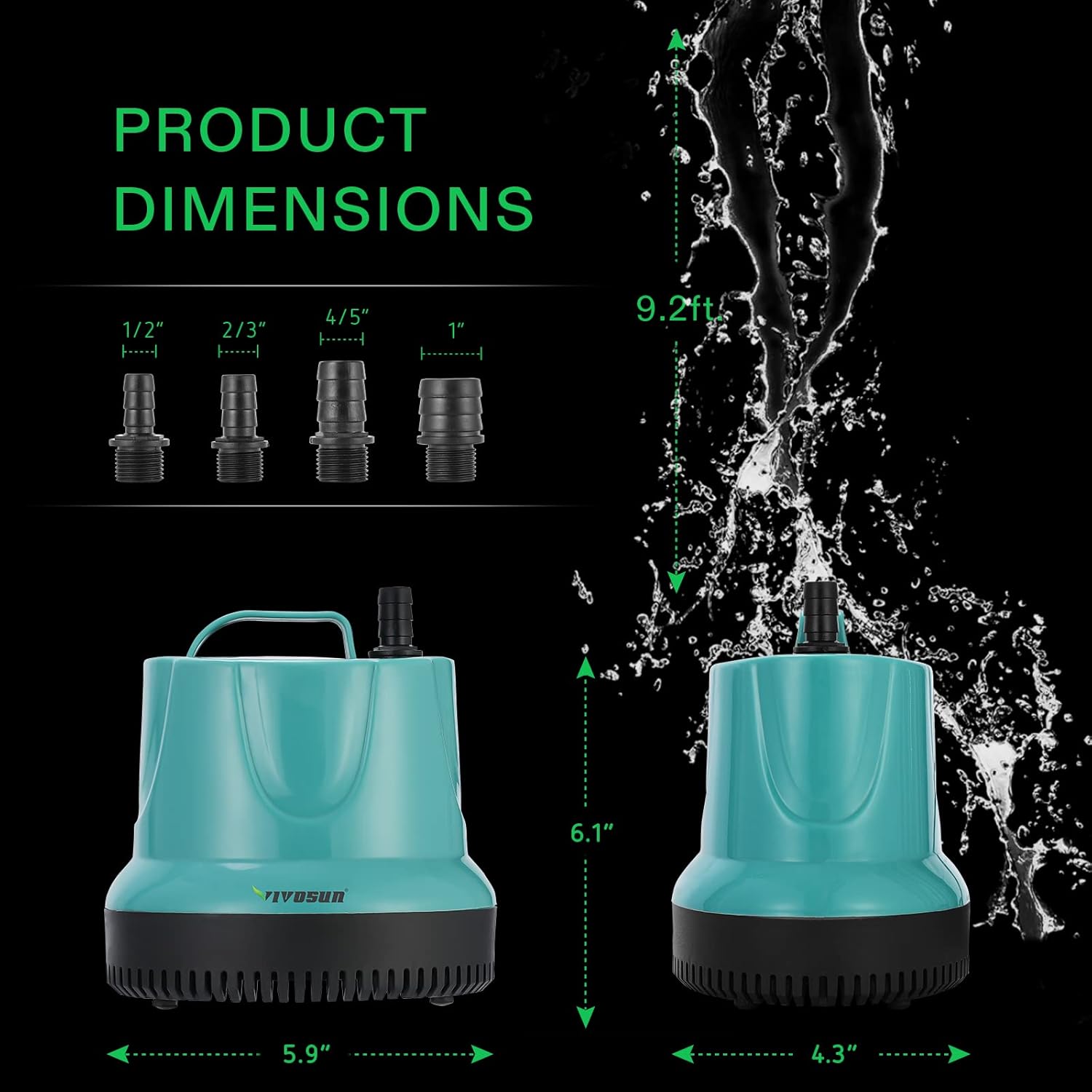 VIVOSUN 850GPH 60W Submersible Pump for Fish Tank, Pond, Aquarium, Hydroponic Systems with 5ft Power Cord and 4 Nozzles : Patio, Lawn & Garden