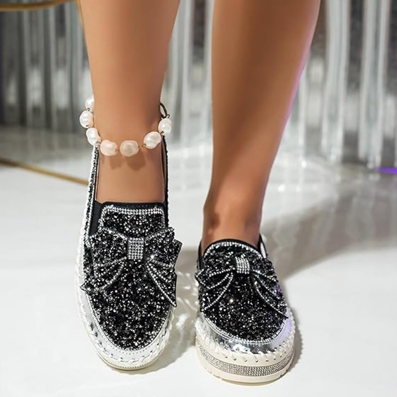 Mocasines de plataforma con lazo de diamantes de imitación para mujer, zapatos casuales con cristales brillantes para caminar, tenis de lentejuelas con purpurina para fiesta, boda, club nocturno