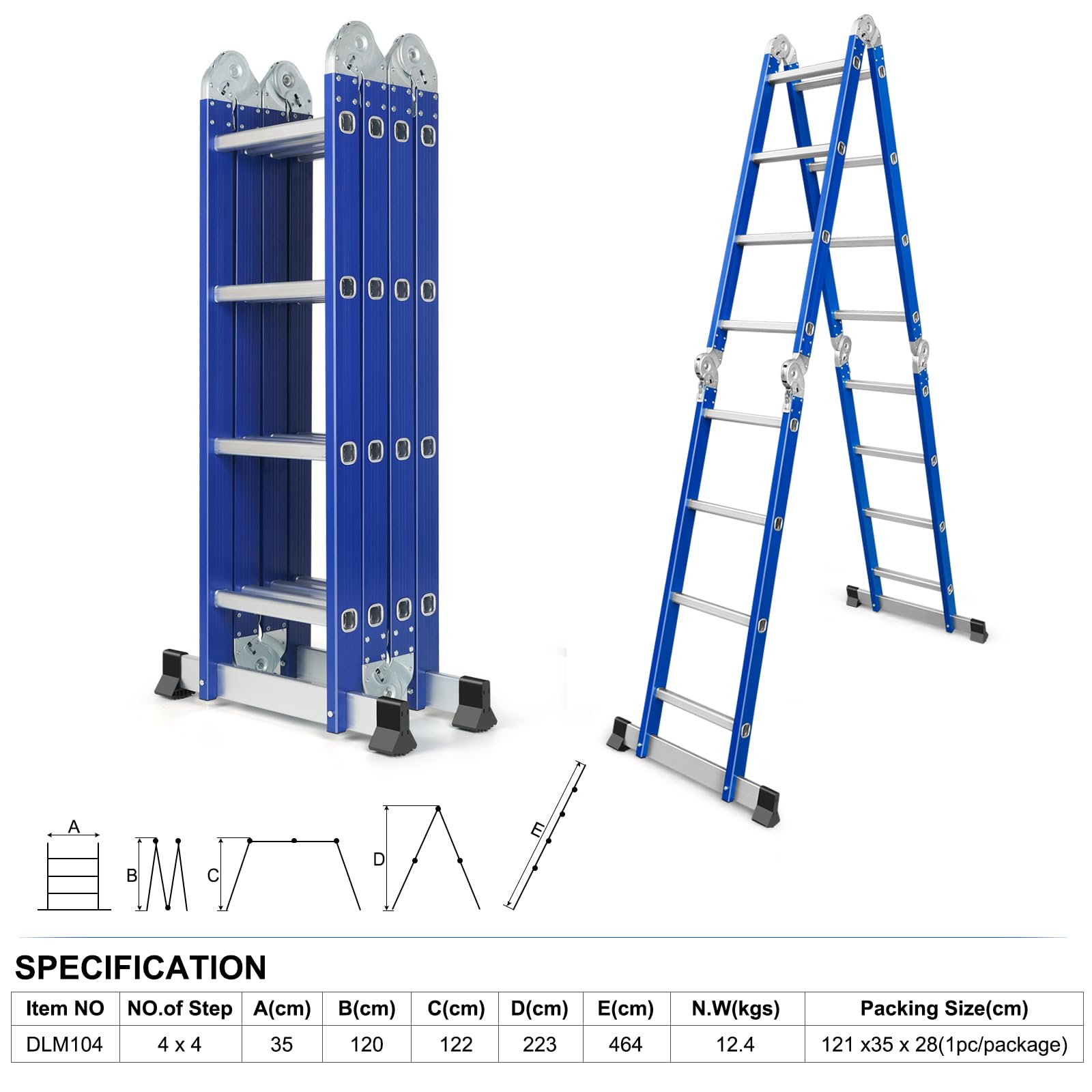 Scala multifunzione in alluminio, 4 x 4 gradini, lunghezza 4,7 m, 4 pezzi, portata massima 150 kg
