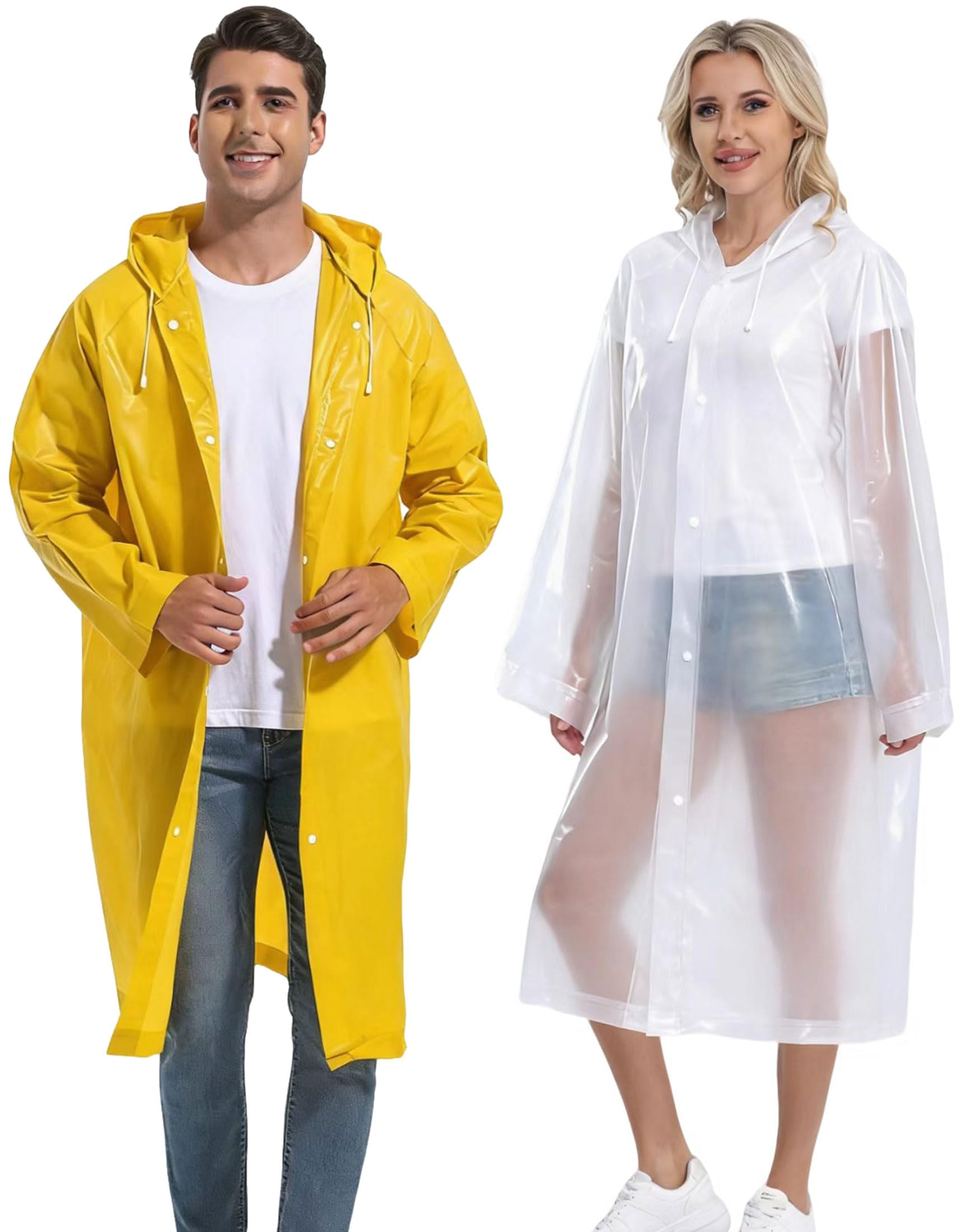 Borogo 2PCS Rain Ponchos for Adults Reusable Raincoats Emergency Survival With Hoods And Sleeves for Women Men White&Yellow
