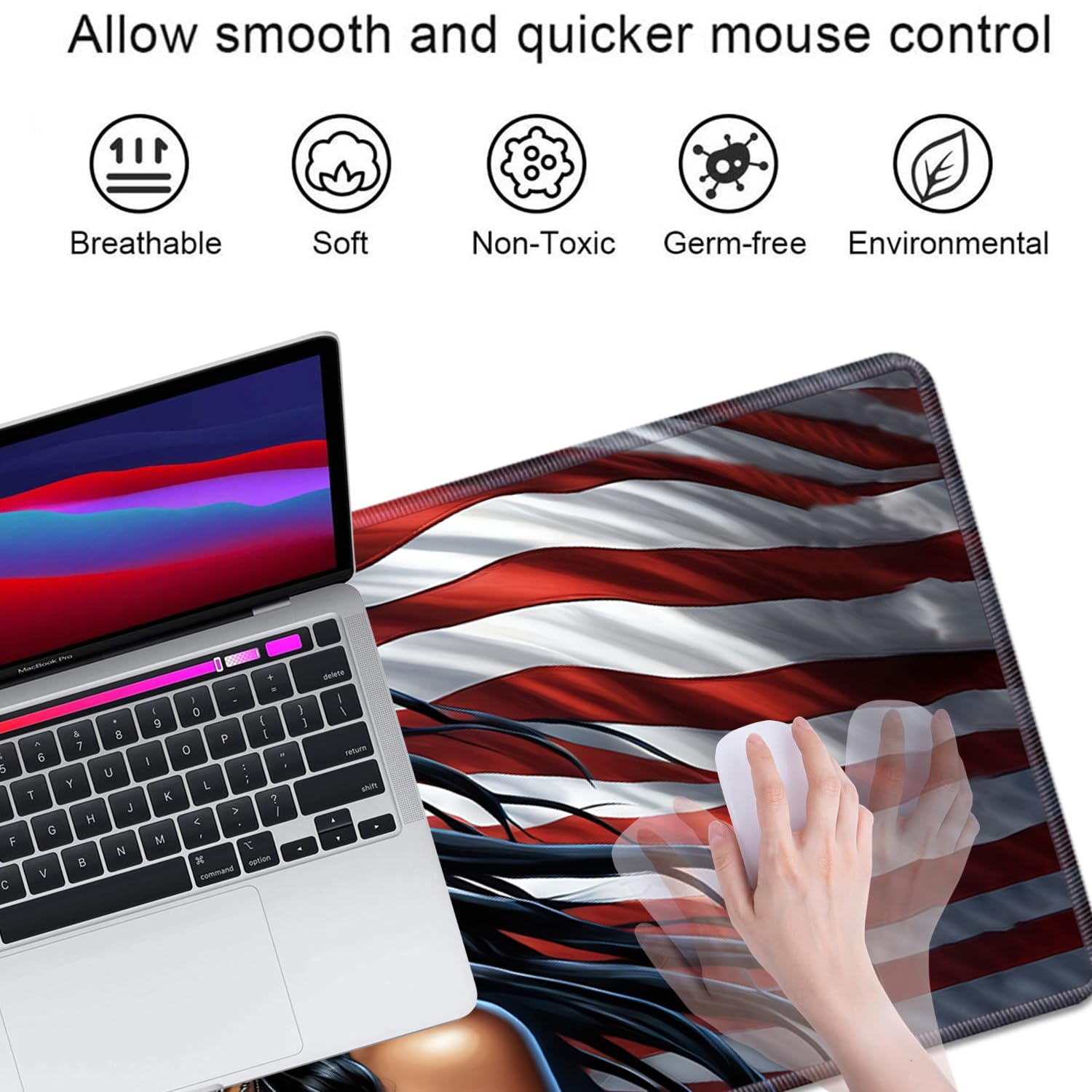 Alfombrilla de escritorio con diseño de bandera americana con posavasos, tamaño XL, grande, extendida, para escribir, bordes cosidos, base de goma antideslizante para trabajo, juegos, oficina, hogar,