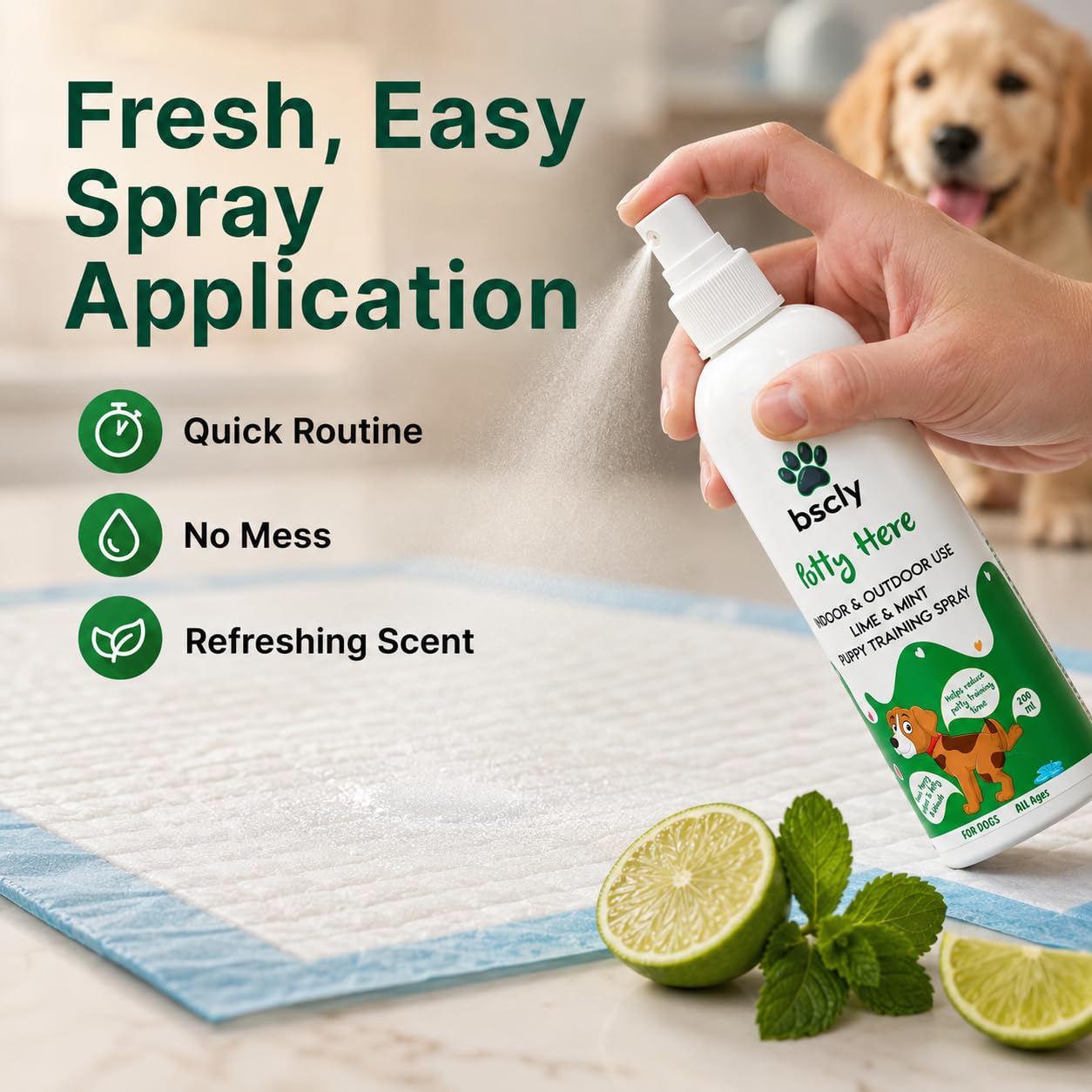 Bscly Dog Potty Training Spray for Puppies & Dogs | Pee Attractant & Toilet Training Aid | Trains Pets to Go in One Spot | Indoor & Outdoor, Pee Pad Friendly | Fresh Lime & Mint | 200ml 3