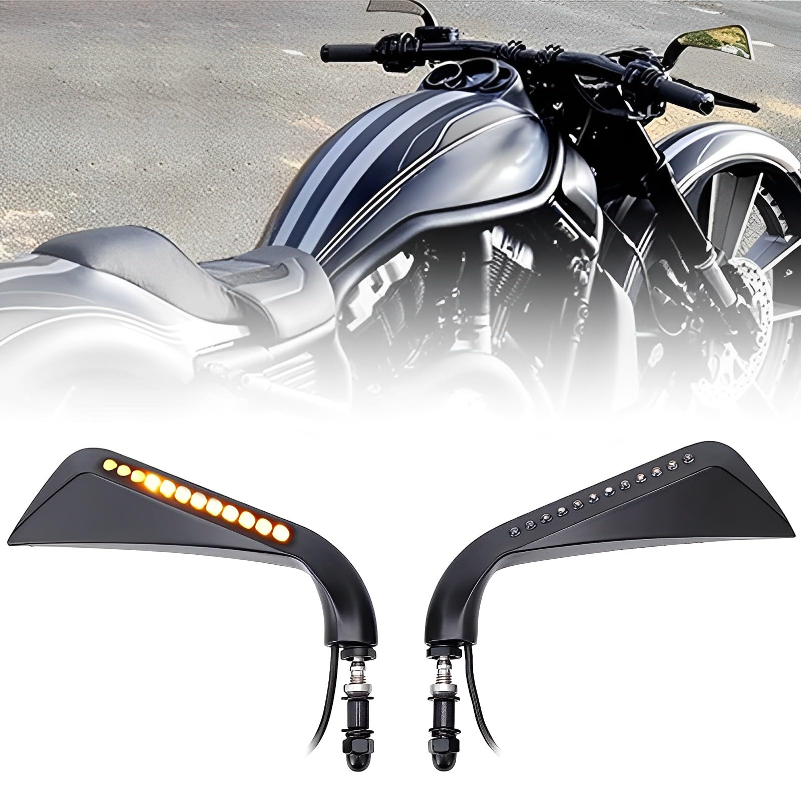 8mm Motorcycle Rearview Mirrors Swith Led Turn Signal Fits for Harley Davidson Road King Sportster Street Glide Electra Dyna Softail Ultra V-rod Cruiser Touring XL 883 1200 (Black)