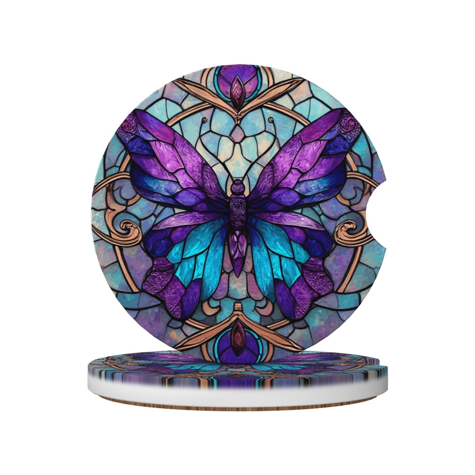 Stained Glass Purple Butterfly Ceramic Coasters,2pcs
